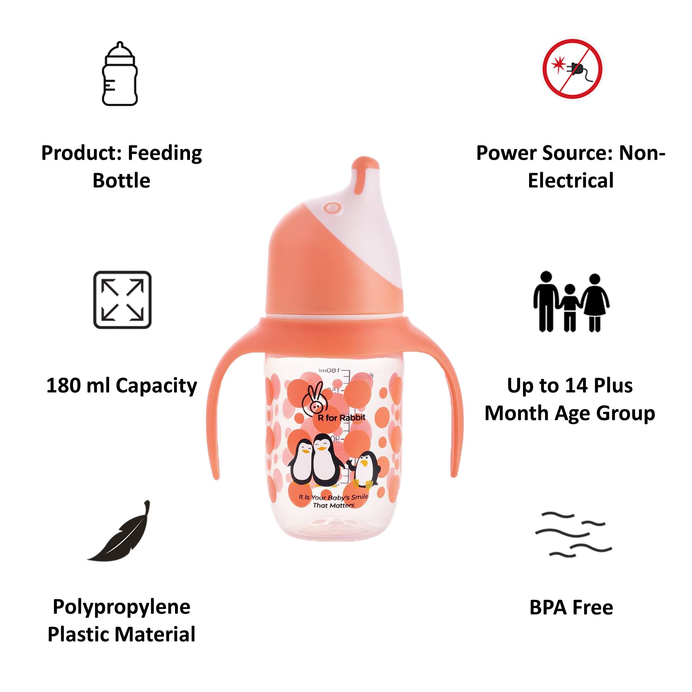 R for Rabbit Penguin Spout 180ml Baby Feeding Bottle (Anti Spill Hygienic Soft Silicone Spout, SSPGO01, Orange)_5
