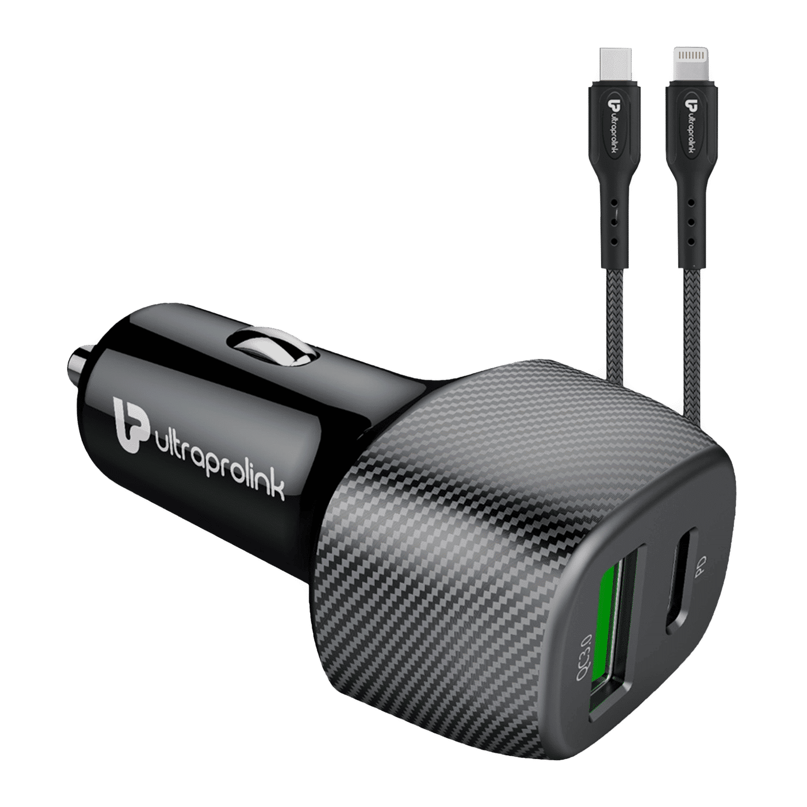 ultraprolink Mach 38W Type A & Type C 2-Port Car Charger (Type C to Lightning Cable, Qualcomm Quick Charge 3.0, Black)_1