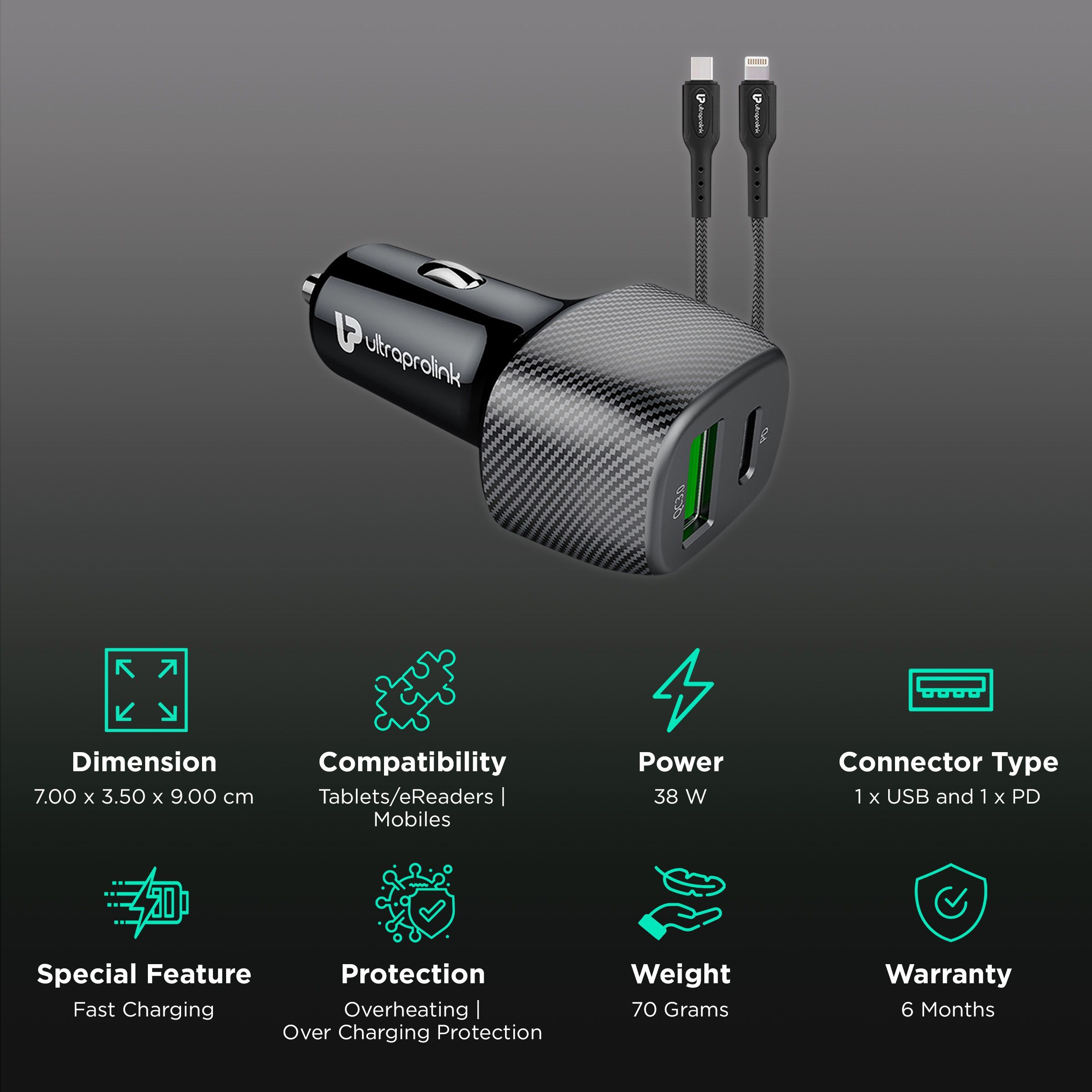 ultraprolink Mach 38W Type A & Type C 2-Port Car Charger (Type C to Lightning Cable, Qualcomm Quick Charge 3.0, Black)_2