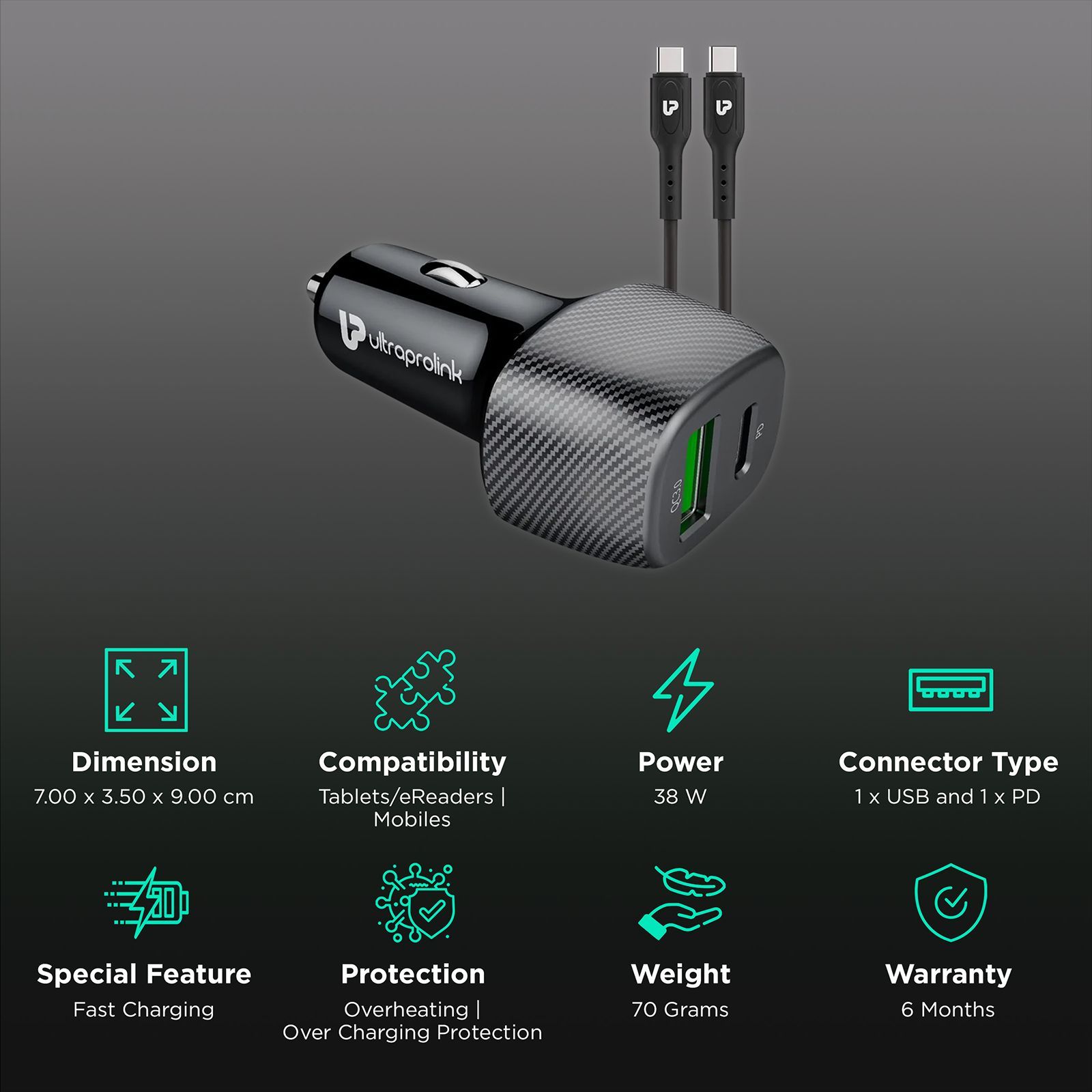 ultraprolink Mach 38W Type A & Type C 2-Port Car Charger (Type C to Type C Cable, Qualcomm Quick Charge 3.0, Black)_2