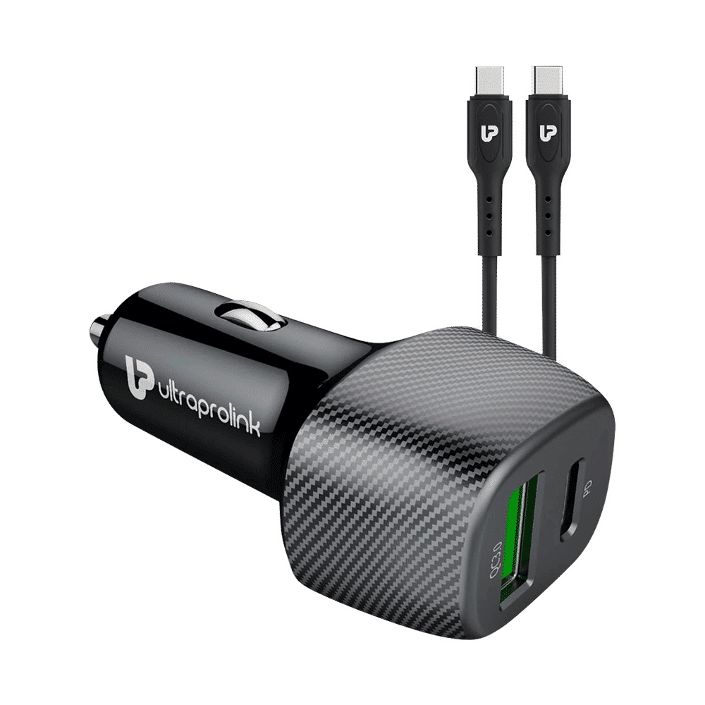ultraprolink Mach 38W Type A & Type C 2-Port Car Charger (Type C to Type C Cable, Qualcomm Quick Charge 3.0, Black)_1