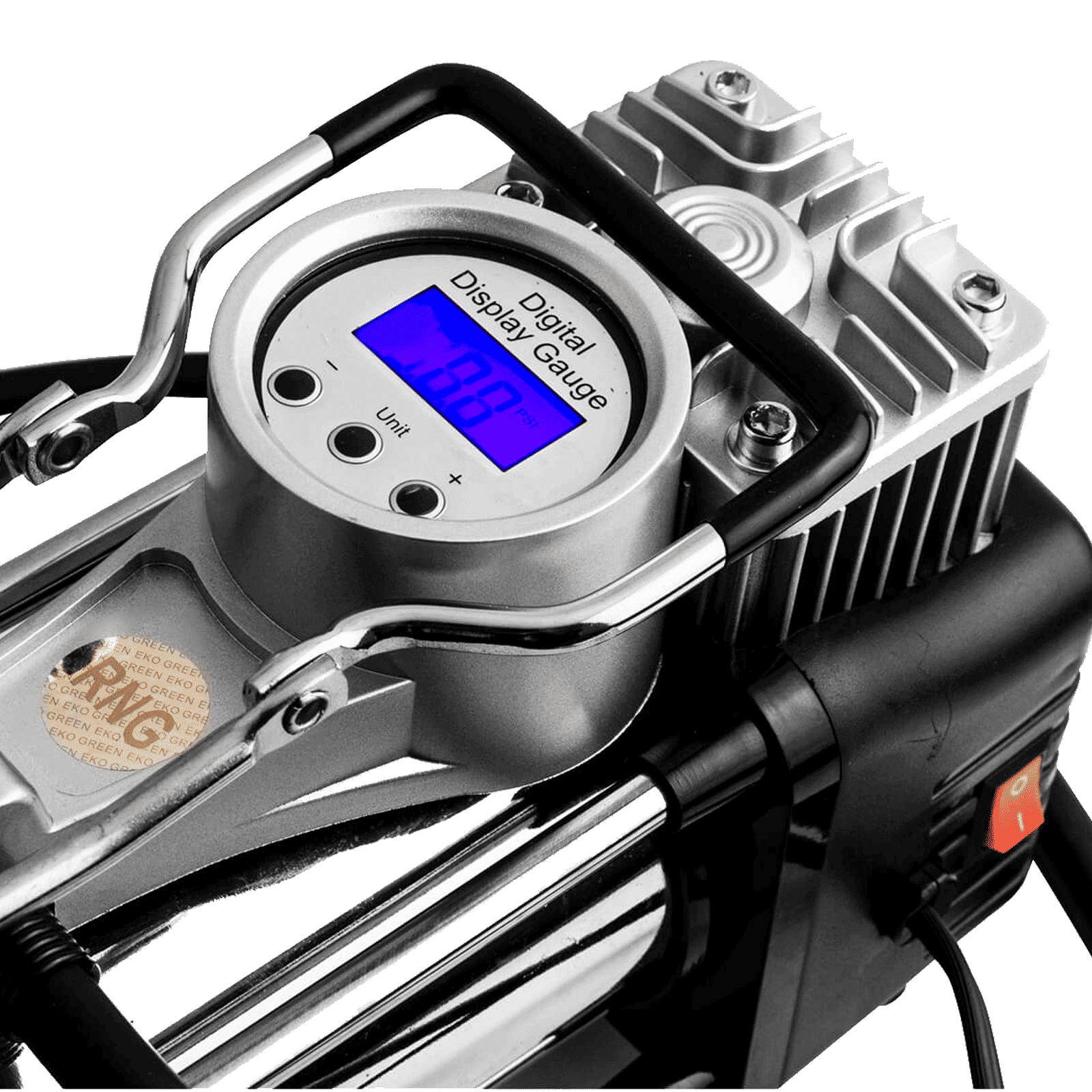 RNG EKO GREEN 160 PSI Tyre Inflator for Cars and Bikes (Double Cylinder Compressor, RNG-AIR-001, Black and Silver)_2