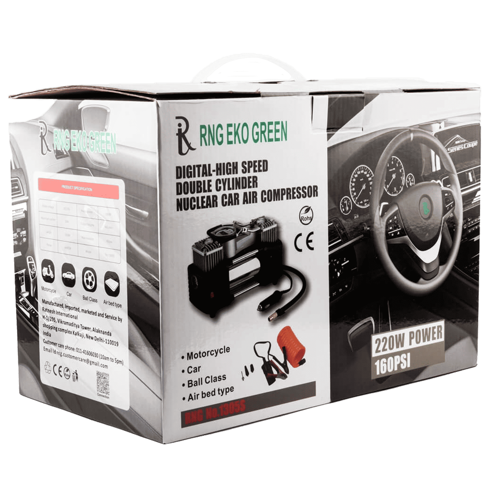 RNG EKO GREEN 160 PSI Tyre Inflator for Cars and Bikes (Double Cylinder Compressor, RNG-AIR-001, Black and Silver)_6