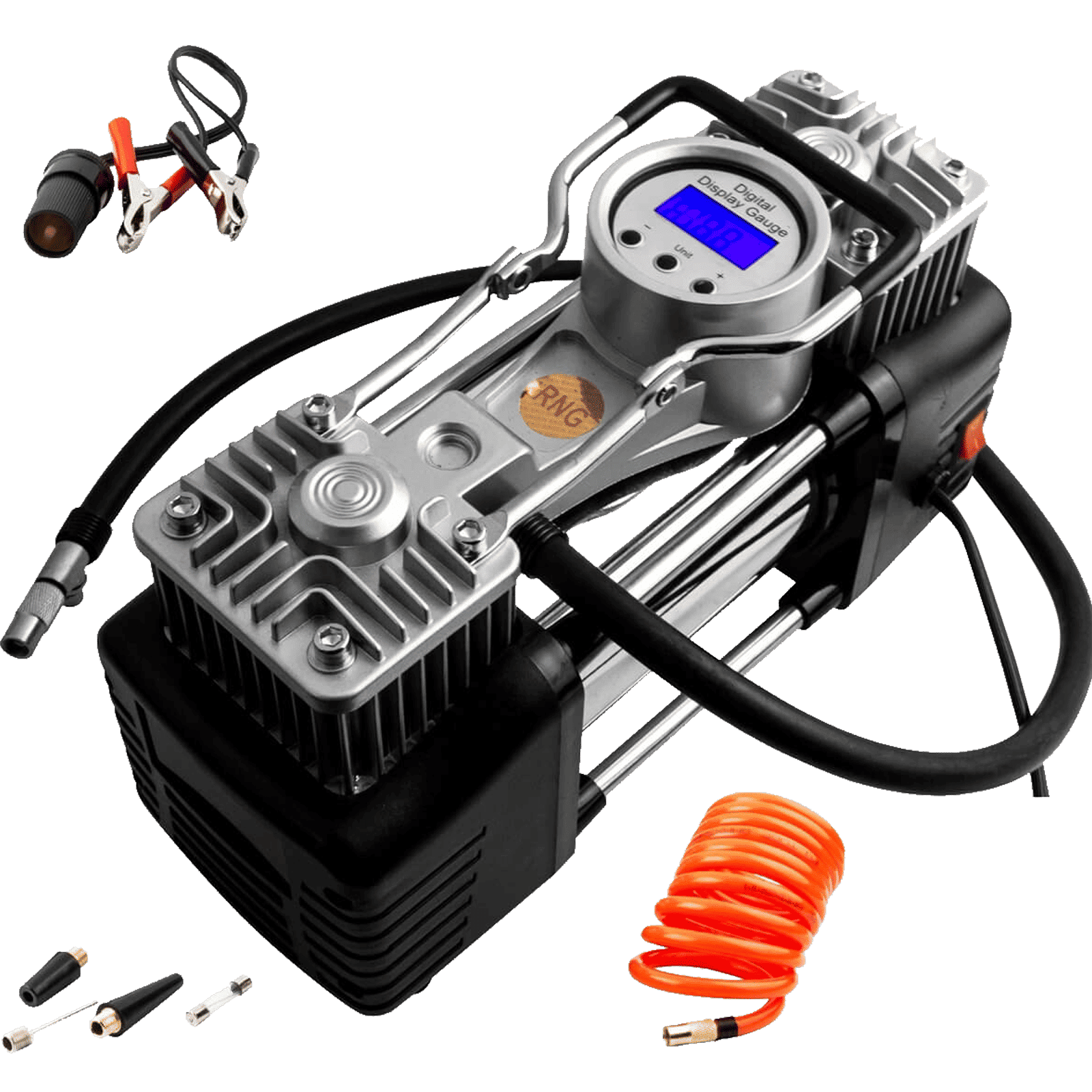 RNG EKO GREEN 160 PSI Tyre Inflator for Cars and Bikes (Double Cylinder Compressor, RNG-AIR-001, Black and Silver)_1