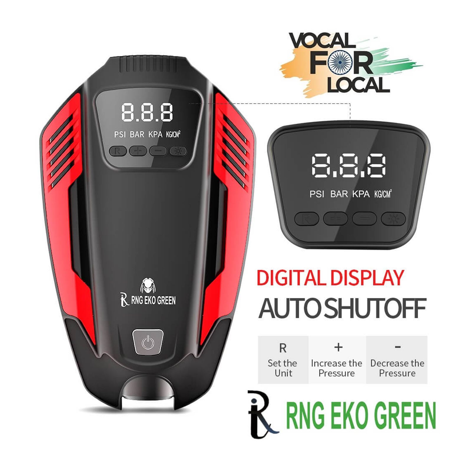 RNG EKO GREEN 1205 Predator Tyre Inflator for Cars and Bikes (3 Modes of Lighting, RNG-AIR-007, Red and Black)_2