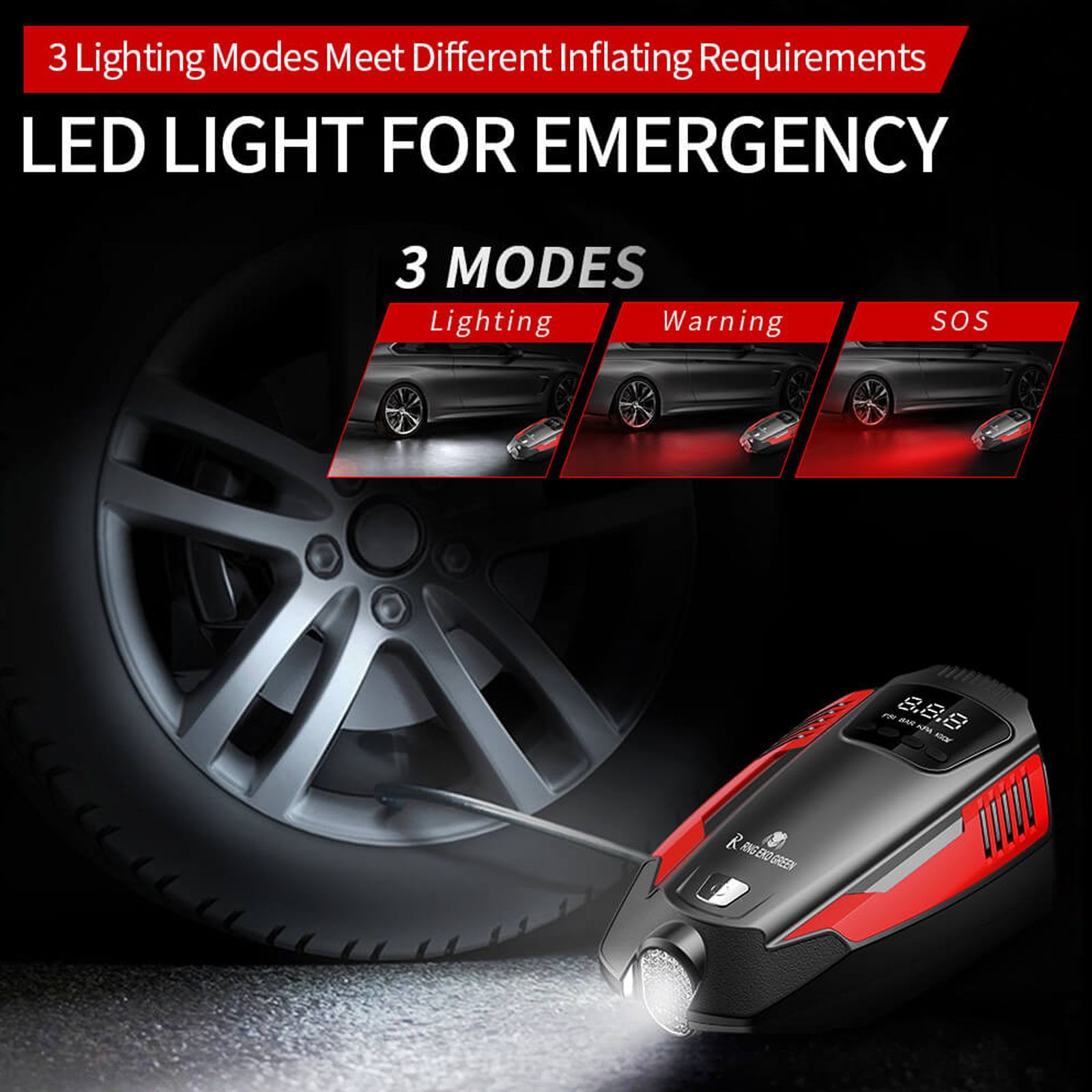 RNG EKO GREEN 1205 Predator Tyre Inflator for Cars and Bikes (3 Modes of Lighting, RNG-AIR-007, Red and Black)_3