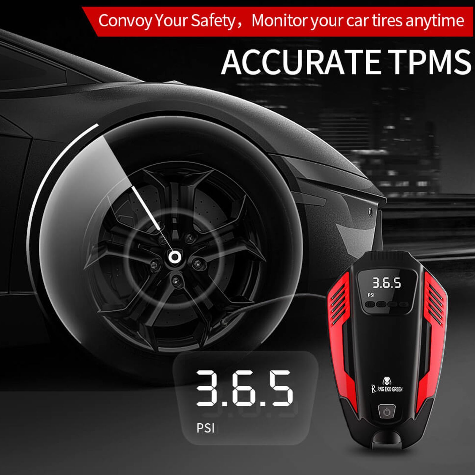 RNG EKO GREEN 1205 Predator Tyre Inflator for Cars and Bikes (3 Modes of Lighting, RNG-AIR-007, Red and Black)_5