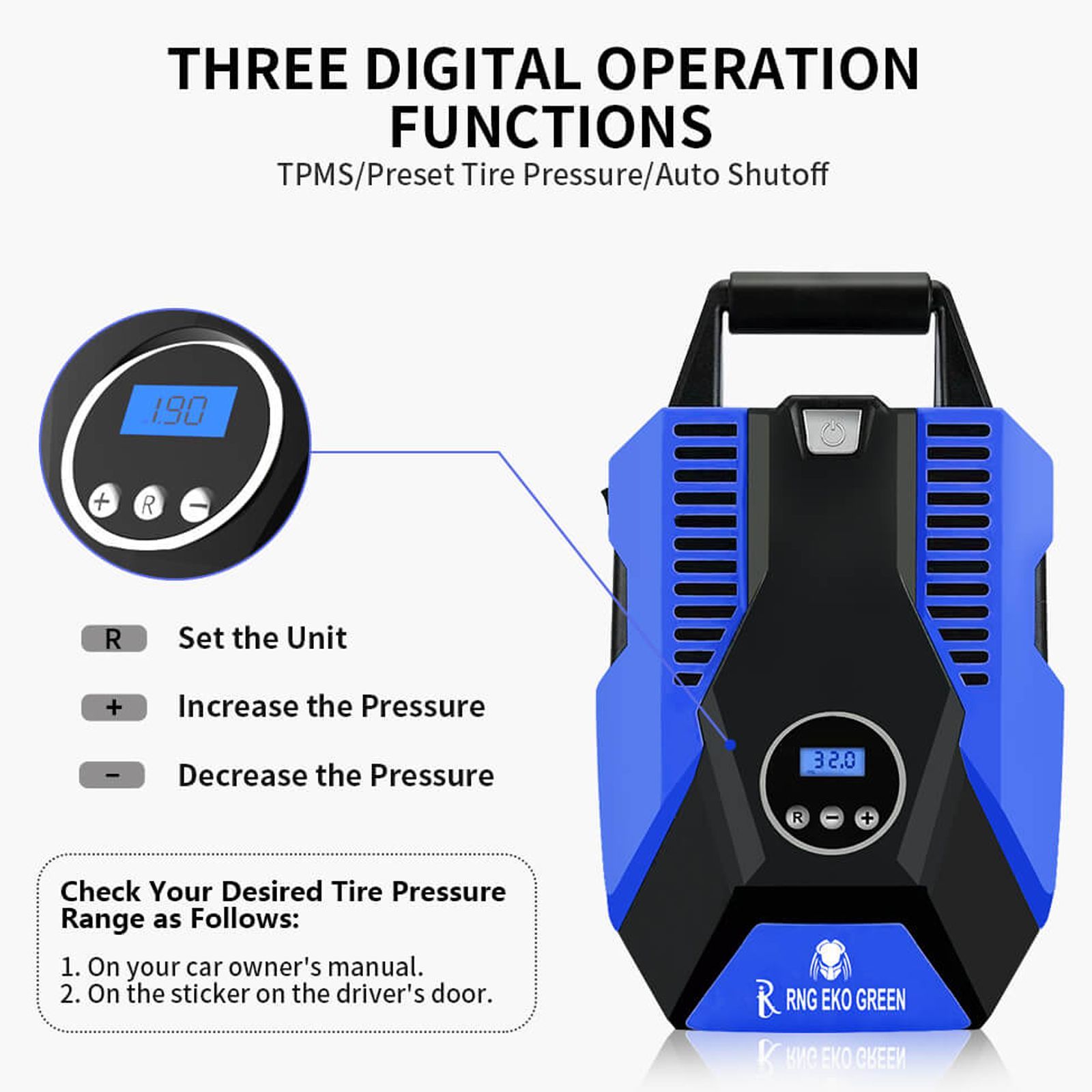 RNG EKO GREEN 1005 Predator Tyre Inflator for Cars and Bikes (LED Lighting, RNG-AIR-008, Blue and Black)_2