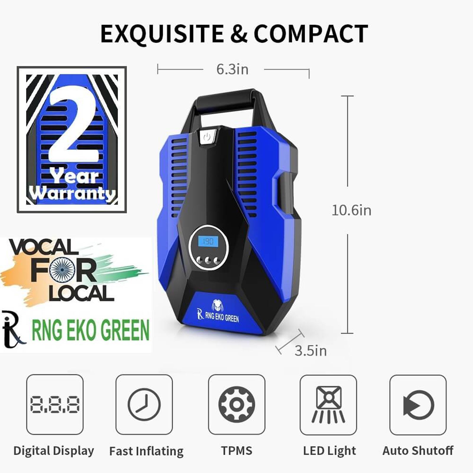 RNG EKO GREEN 1005 Predator Tyre Inflator for Cars and Bikes (LED Lighting, RNG-AIR-008, Blue and Black)_3