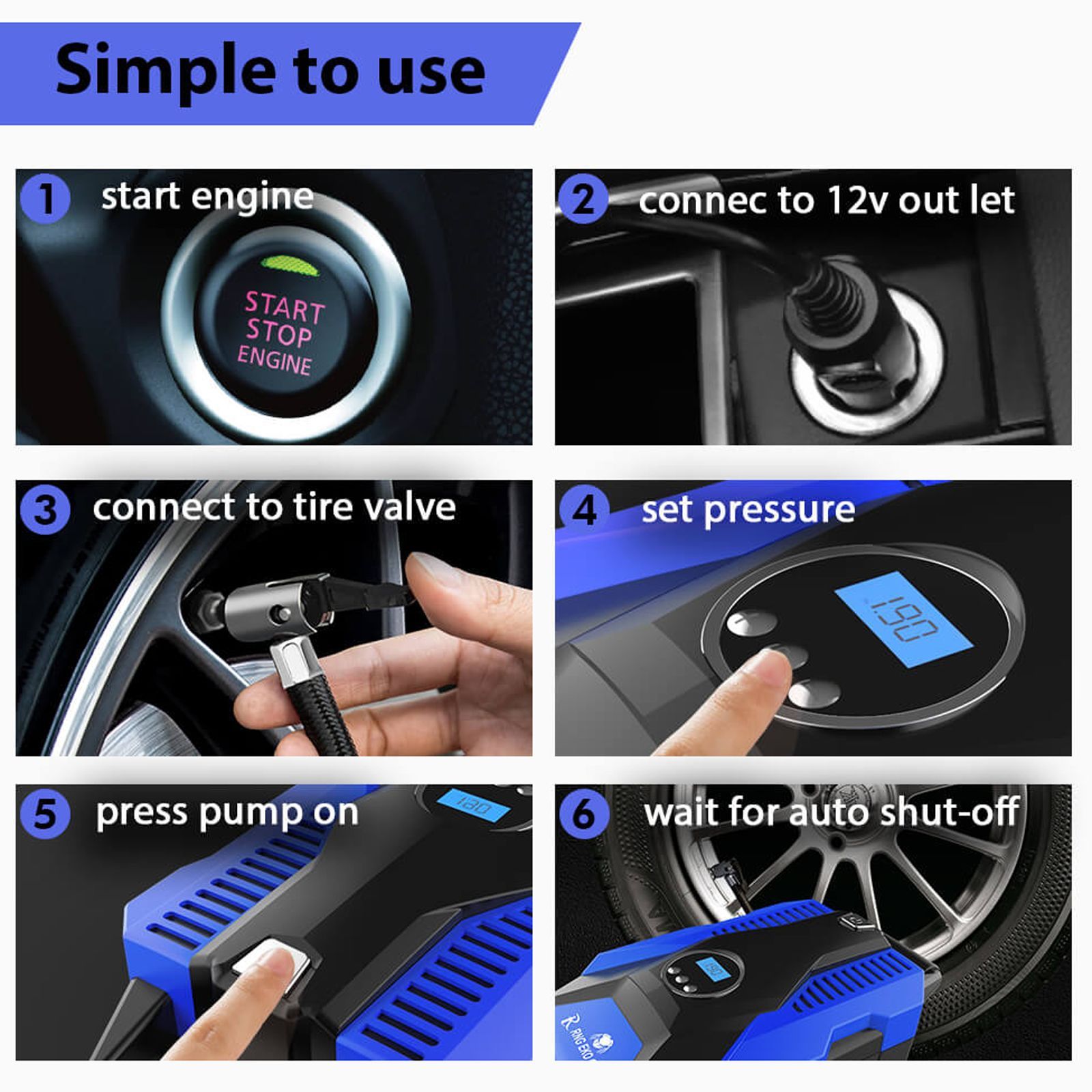 RNG EKO GREEN 1005 Predator Tyre Inflator for Cars and Bikes (LED Lighting, RNG-AIR-008, Blue and Black)_7