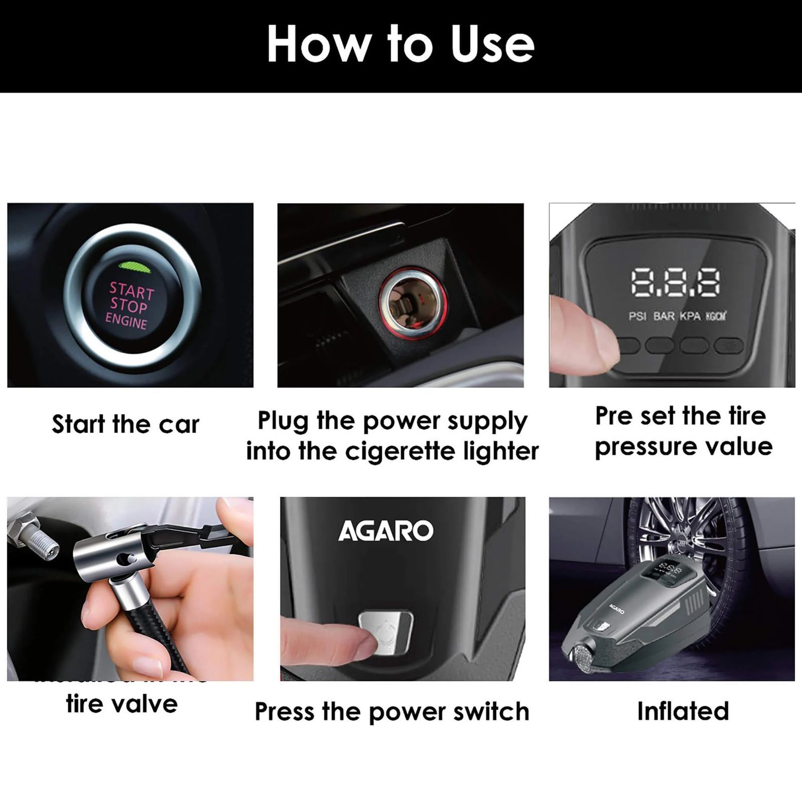 AGARO PRIMO 150 PSI Tyre Inflator for Cars and Bikes (In Built Digital Pressure Gauge, 33626, Black)_5