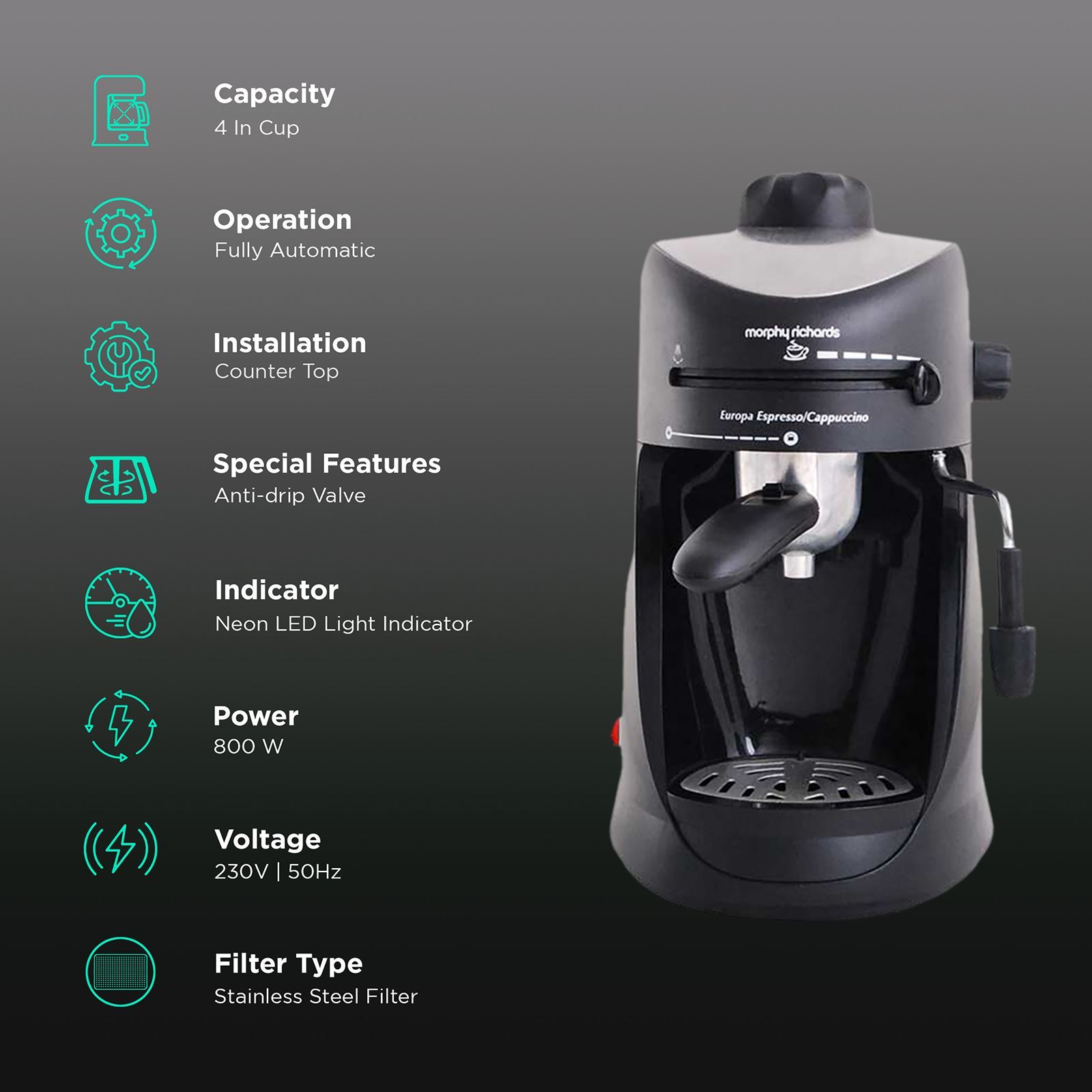 morphy richards Europa 800 Watt 4 Cups Automatic Cappuccino Coffee Maker with Stainless Steel Filter (Black)_3