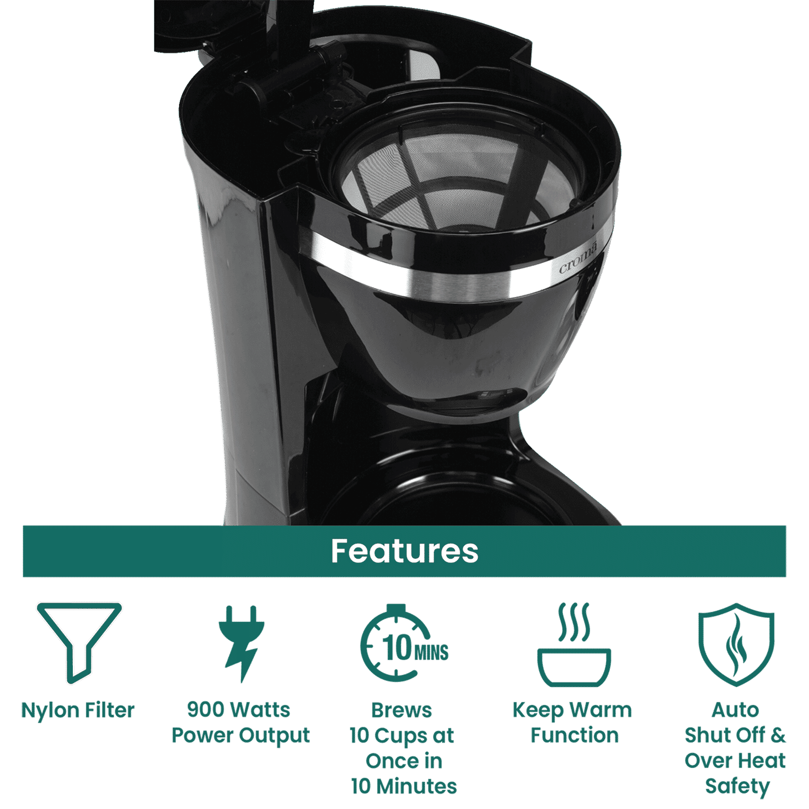 Croma 900 Watt 10 Cups Manual Espresso Coffee Maker with Keep Warm Function (Black) Croma 900 Watt 10 Cups Manual Espresso Coffee Maker with Keep Warm Function (Black)_10