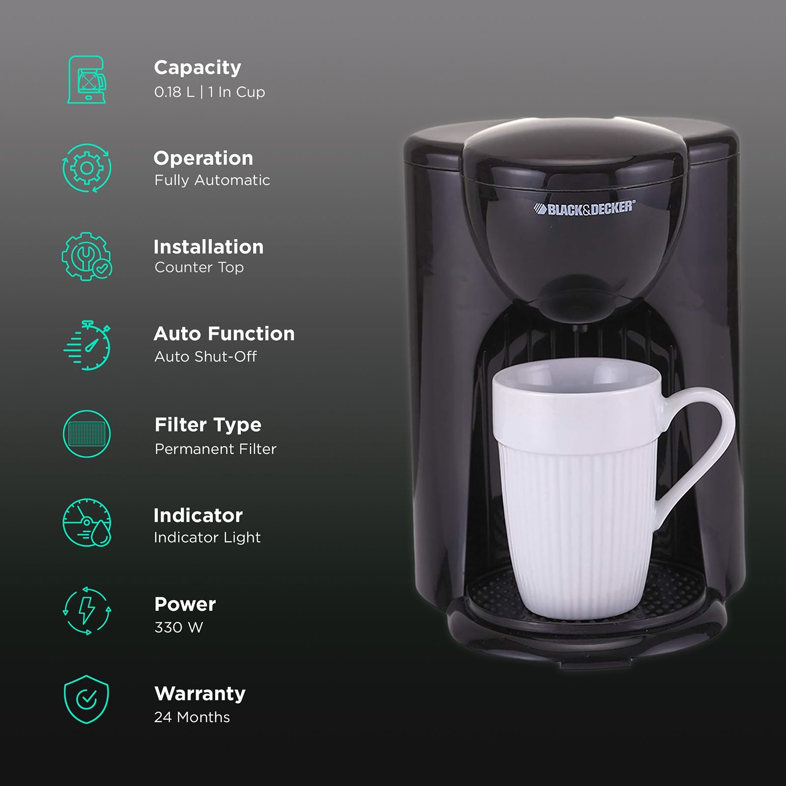 BLACK+DECKER DCM25 330 Watt 1 Cups Automatic Espresso & Drip Coffee Maker with Removable Drip Tray (Black) BLACK+DECKER DCM25 330 Watt 1 Cups Automatic Espresso & Drip Coffee Maker with Removable Drip Tray (Black)_3