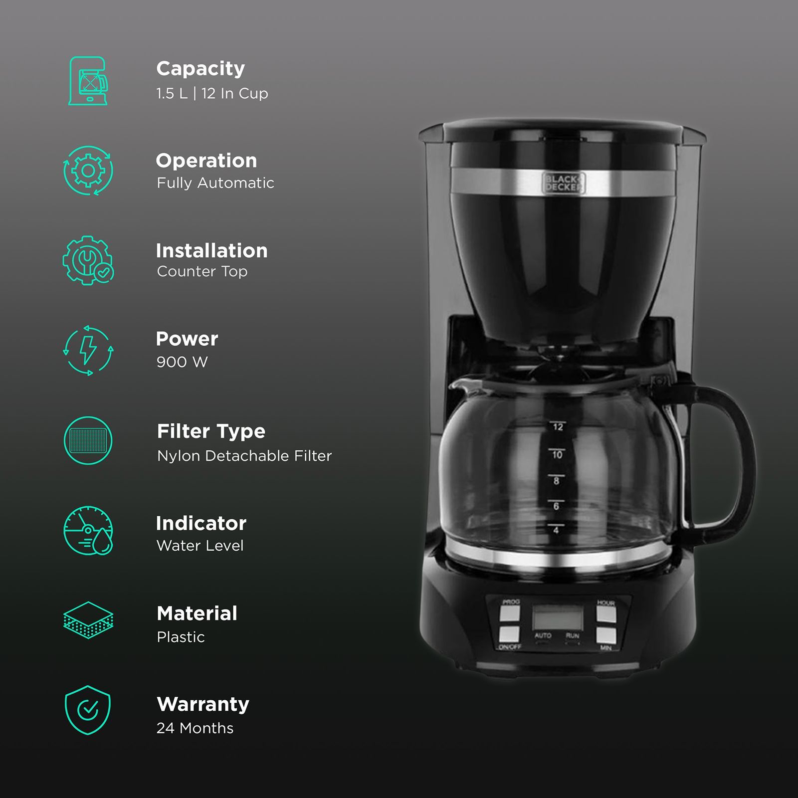 BLACK&DECKER BXCM1201IN 900 Watt 12 Cups Automatic Drip Coffee Maker with Keep Warm Function (Black)_3