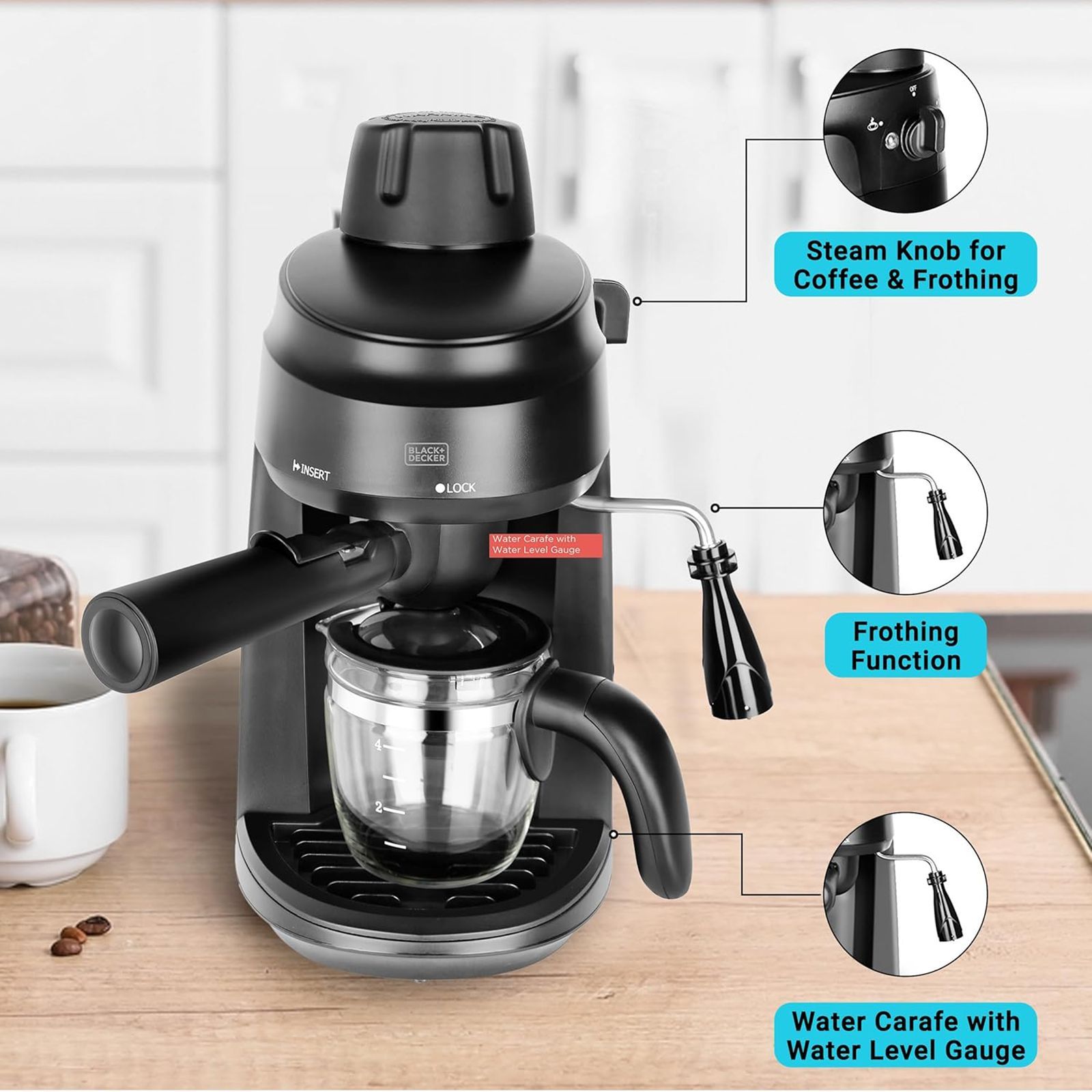 BLACK+DECKER BXCM0401IN 870 Watt 4 Cups Automatic Cappuccino & Espresso Coffee Maker with Detachable Drip Tray (Black)_12