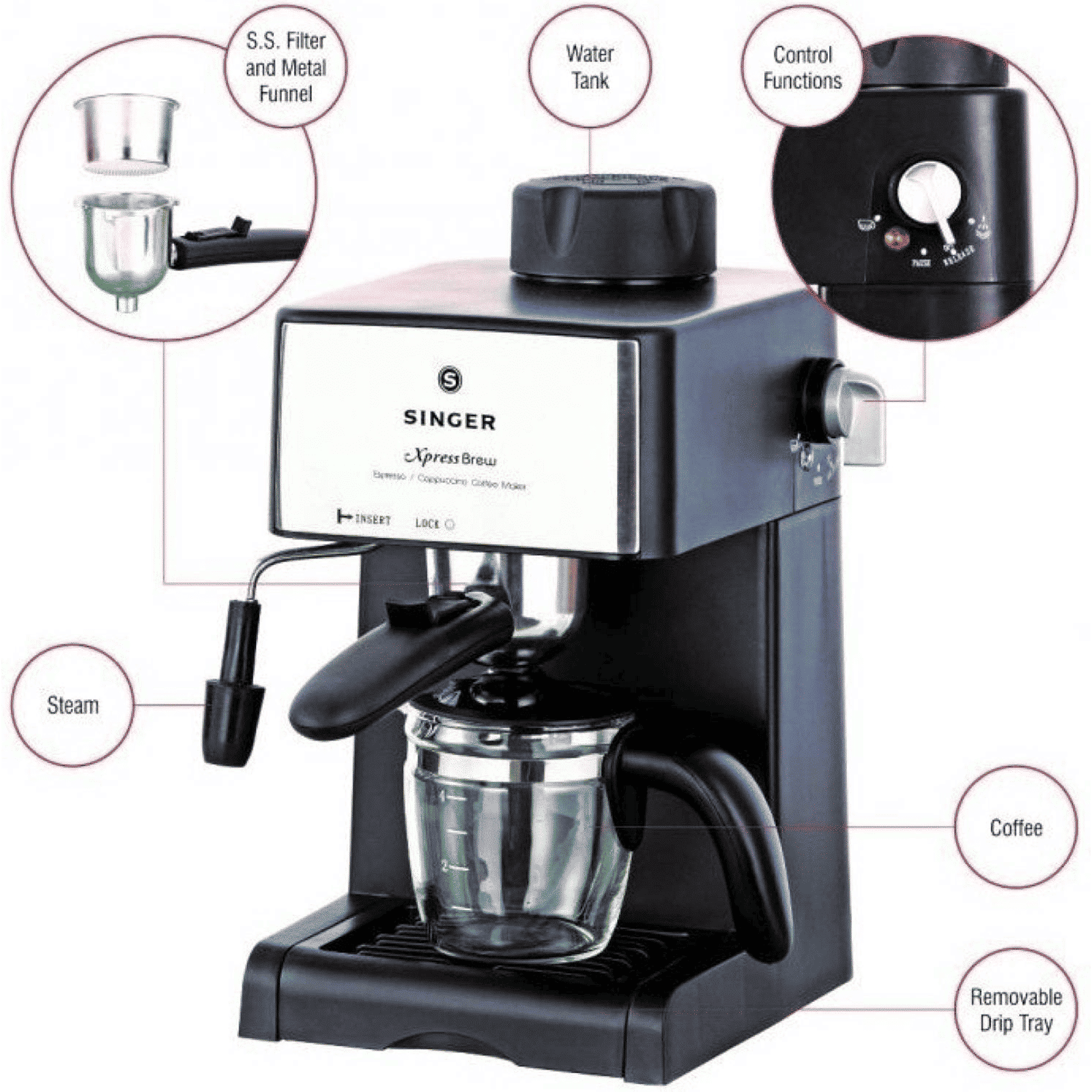 SINGER Xpress Brew 800 Watt 4 Cups Manual Cappuccino & Espresso Coffee Maker with Removable Drip Tray (Black)_4