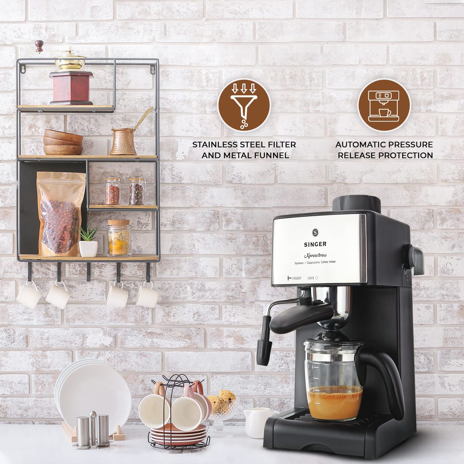 SINGER Xpress Brew 800 Watt 4 Cups Manual Cappuccino & Espresso Coffee Maker with Removable Drip Tray (Black)_5