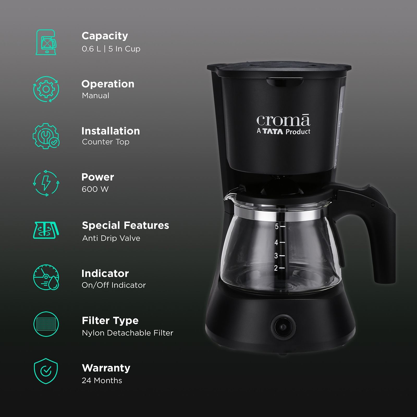 Croma 600 Watt 5 Cups Manual Drip Coffee Maker with Keep Warm Function (Black) Croma 600 Watt 5 Cups Manual Drip Coffee Maker with Keep Warm Function (Black)_3