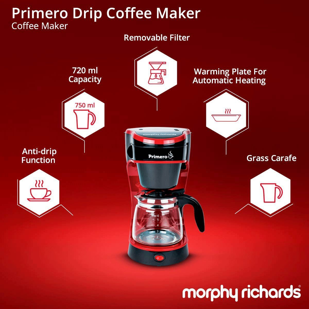 morphy richards Primero 750 Watt 6 Cups Automatic Drip Coffee Maker with Anti Drip Function (Black/Red)_12