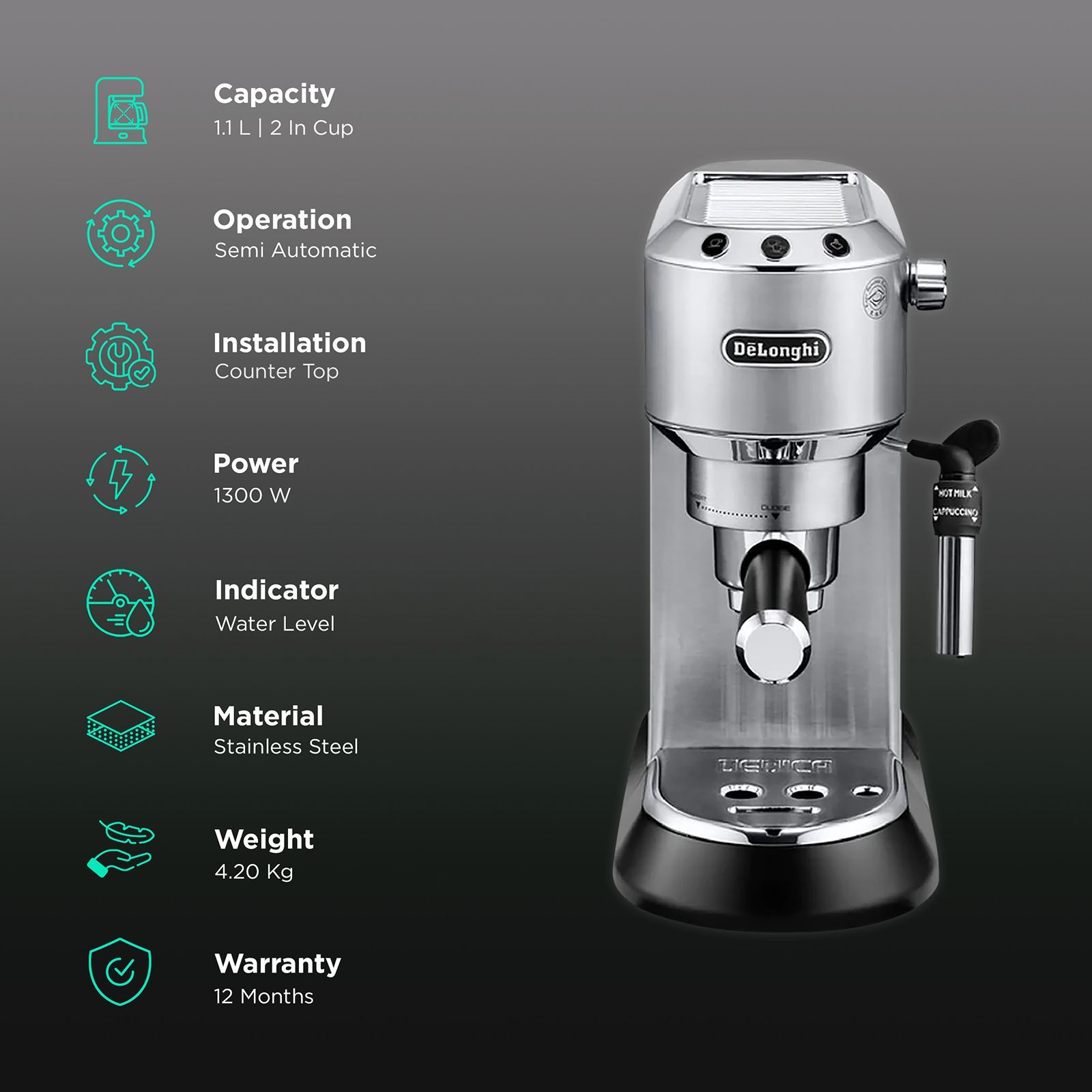 De'Longhi Dedica 1300 Watt 2 Cups Automatic Espresso Coffee Maker with Thermoblock Technology (Metallic)_3