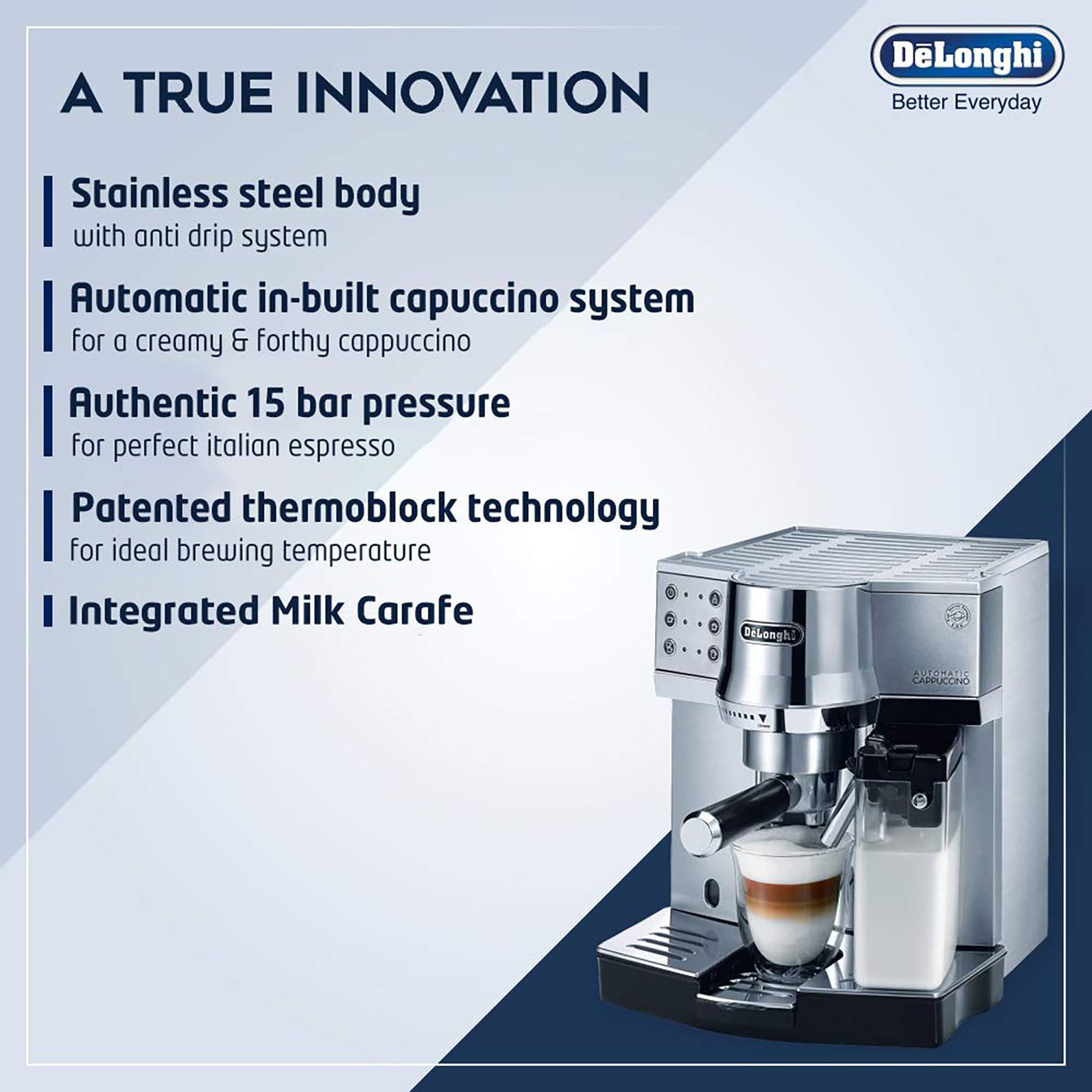 De'Longhi 1450 Watt 2 Cups Automatic Cappuccino & Espresso Coffee Maker with Water Level Indicator (Metallic) De'Longhi 1450 Watt 2 Cups Automatic Cappuccino & Espresso Coffee Maker with Water Level Indicator (Metallic)_7