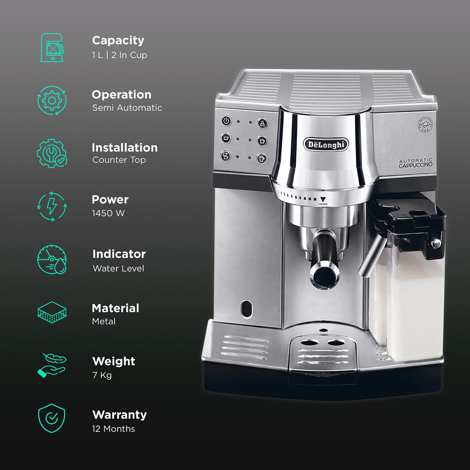 De'Longhi 1450 Watt 2 Cups Automatic Cappuccino & Espresso Coffee Maker with Water Level Indicator (Metallic) De'Longhi 1450 Watt 2 Cups Automatic Cappuccino & Espresso Coffee Maker with Water Level Indicator (Metallic)_3