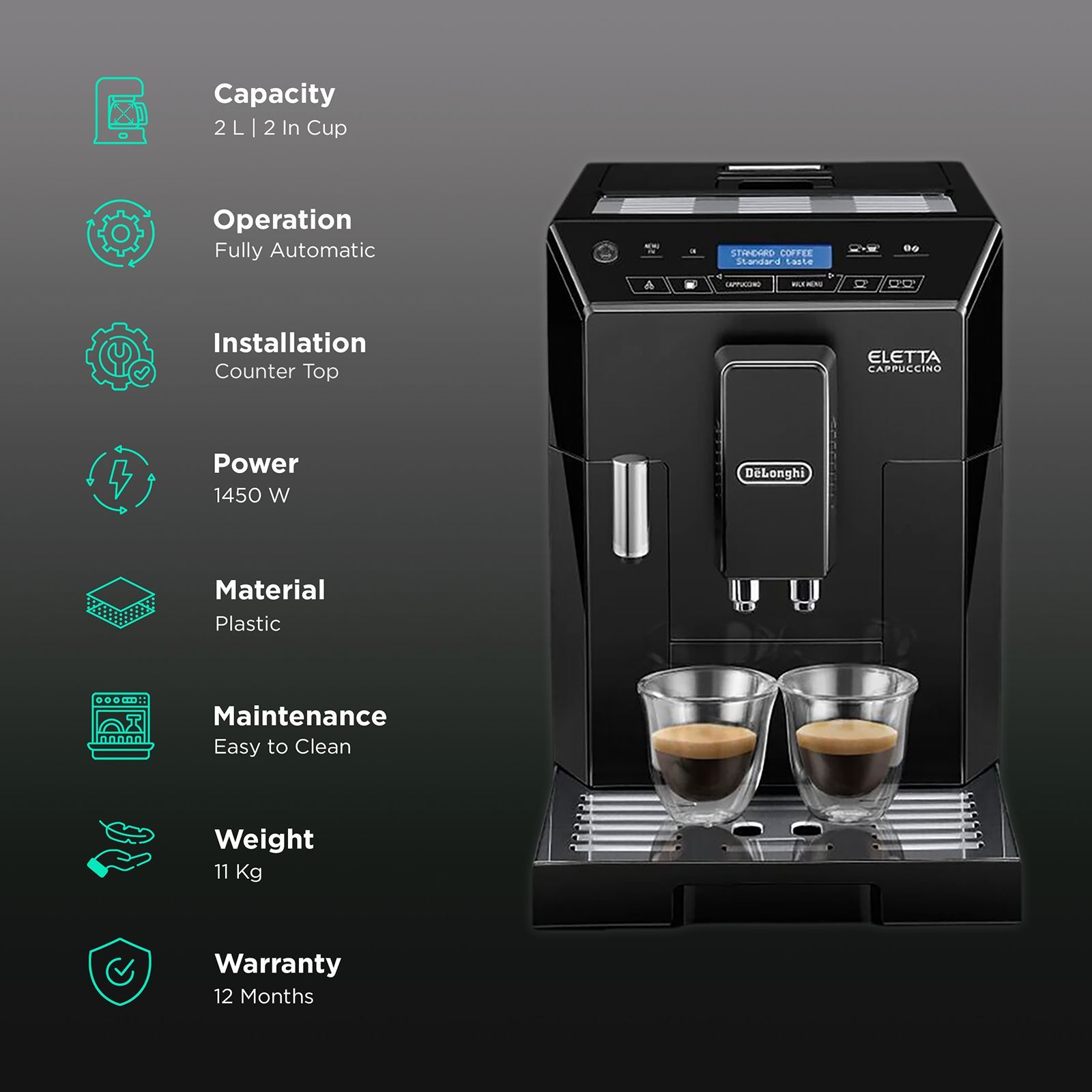De'Longhi Eletta Cappuccino 1450 Watt 2 Cups Automatic Cappuccino & Espresso Coffee Maker with Grinding Technology (Black)_3