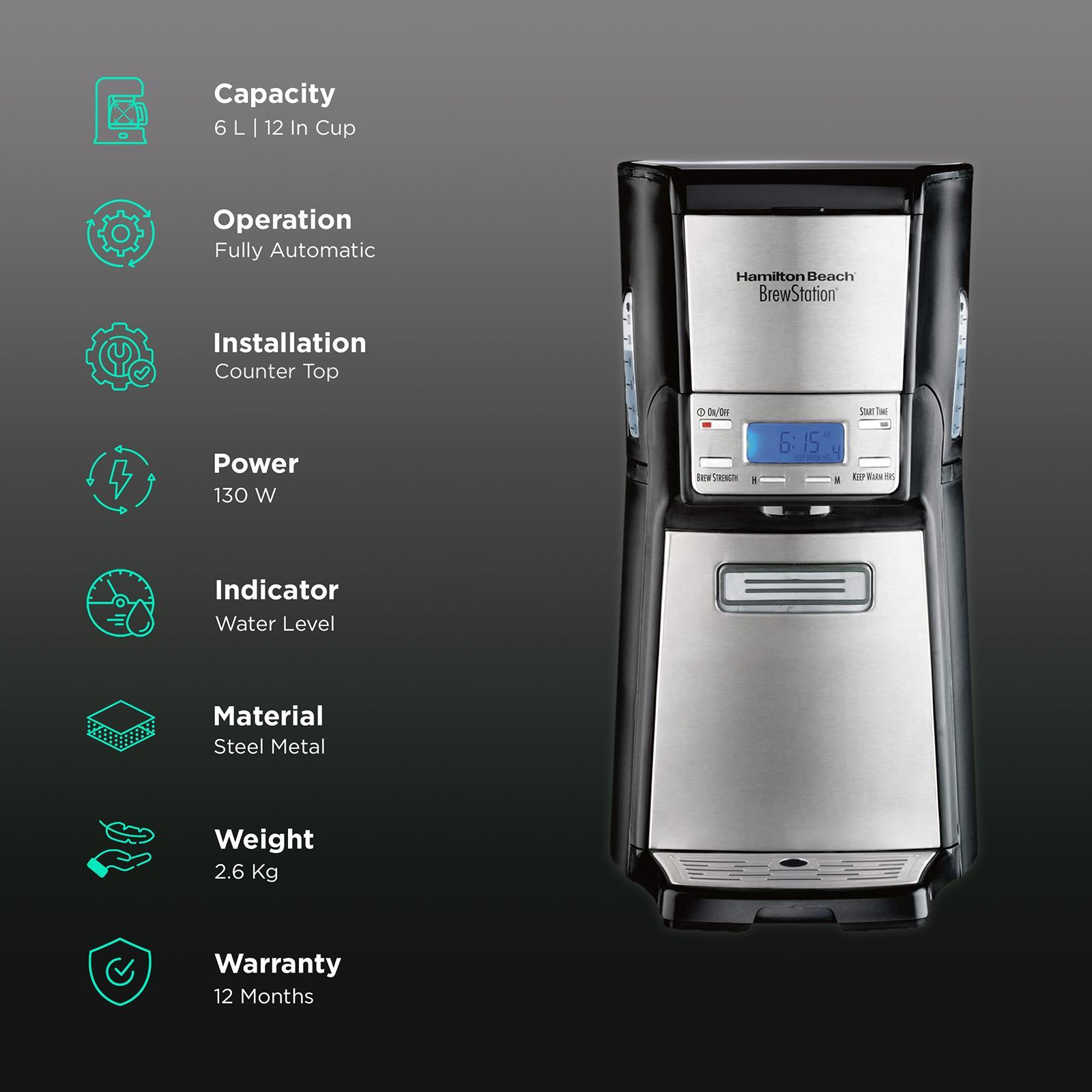 Hamilton Beach 130 Watt 12 Cups Automatic Espresso Coffee Maker with Keep Warm Function (Silver)_3