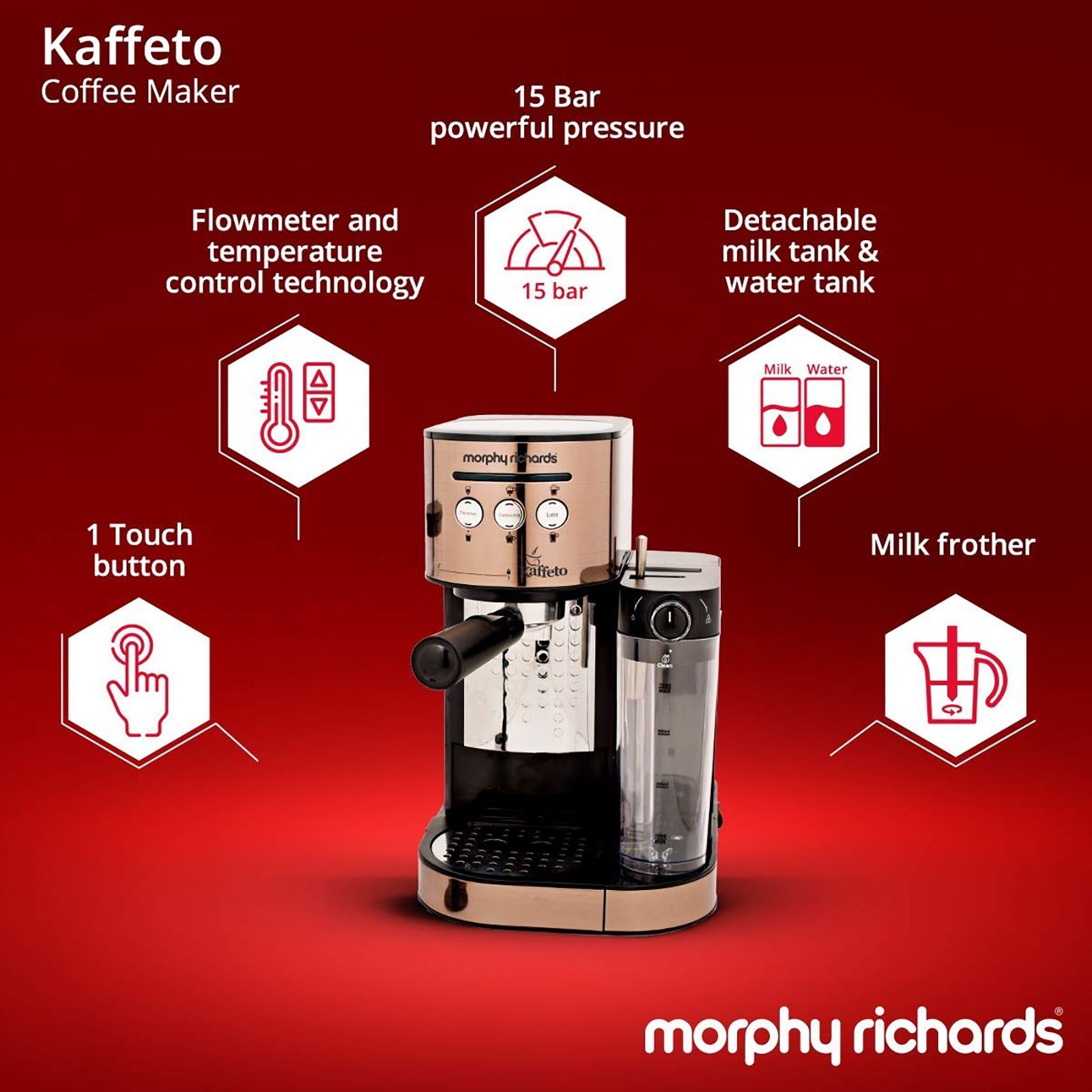morphy richards Kaffeto 1350 Watt 10 Cups Automatic Espresso, Latte & Cappuccino Coffee Maker with Anti Drip Function (Copper)_5