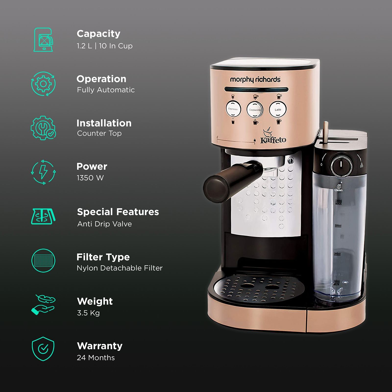 morphy richards Kaffeto 1350 Watt 10 Cups Automatic Espresso, Latte & Cappuccino Coffee Maker with Anti Drip Function (Copper)_3