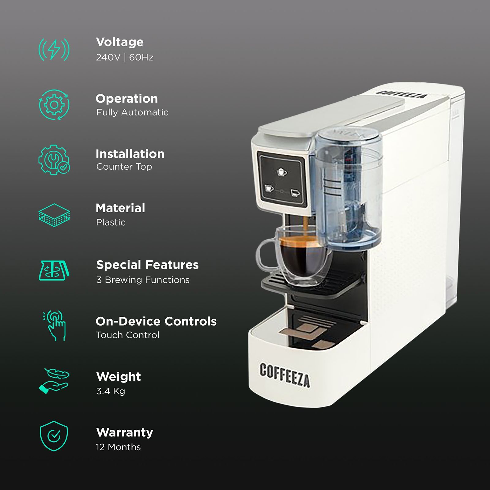 COFFEEZA Lattisso One Touch 20 Cups Automatic Cappuccino, Espresso & Lungo Coffee Maker with Removable Drip Tray (White)_3