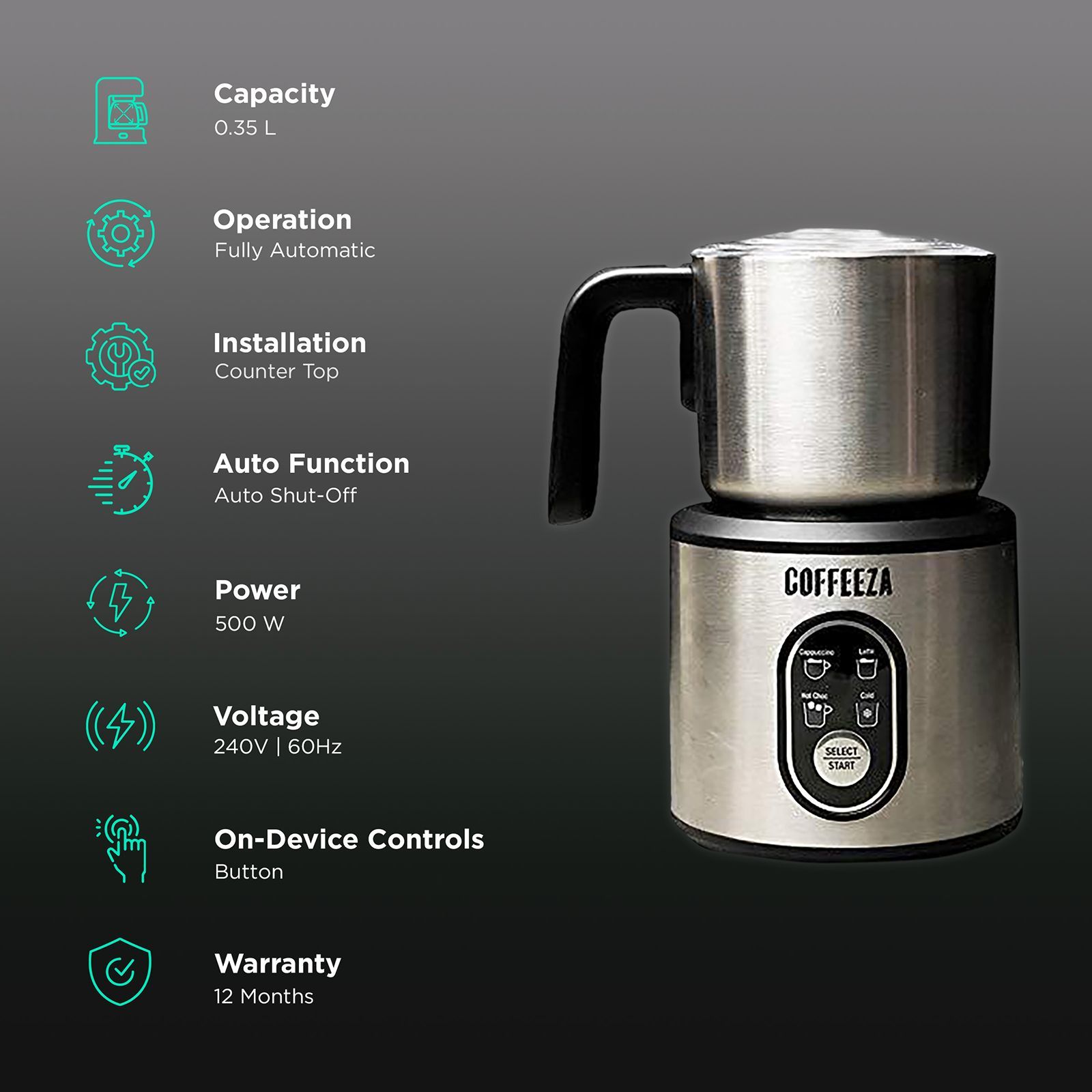 COFFEEZA Frothimo 500 Watt 2 Cups Automatic Latte & Cappuccino Coffee Maker with Detachable Base (Silver)_3