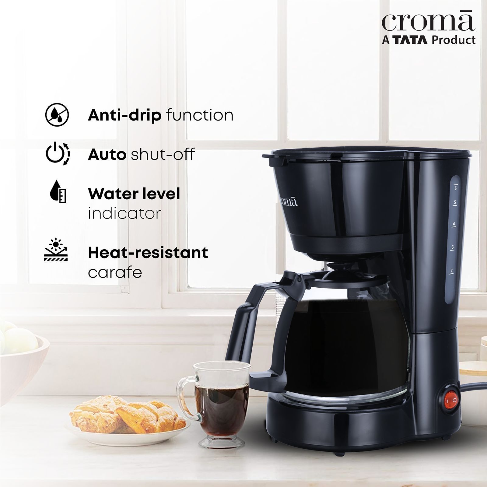 Croma 600 Watt 5 Cups Manual Black Coffee Maker with Rust Resistant (Black)_5