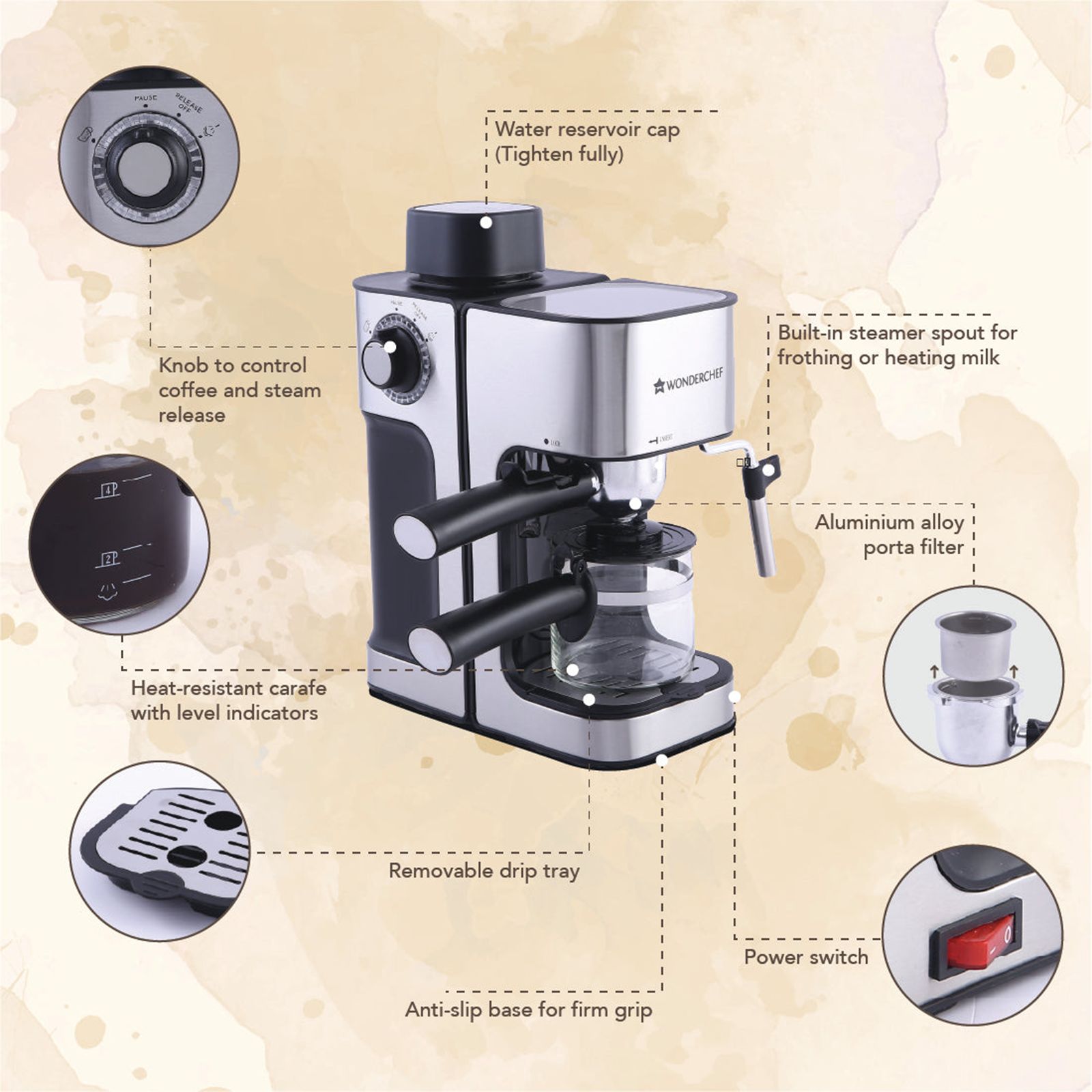 WONDERCHEF Regalia 1000 Watt 4 Cups Automatic Espresso, Cappuccino & Latte Coffee Maker with Removable Drip Tray (Steel)_11