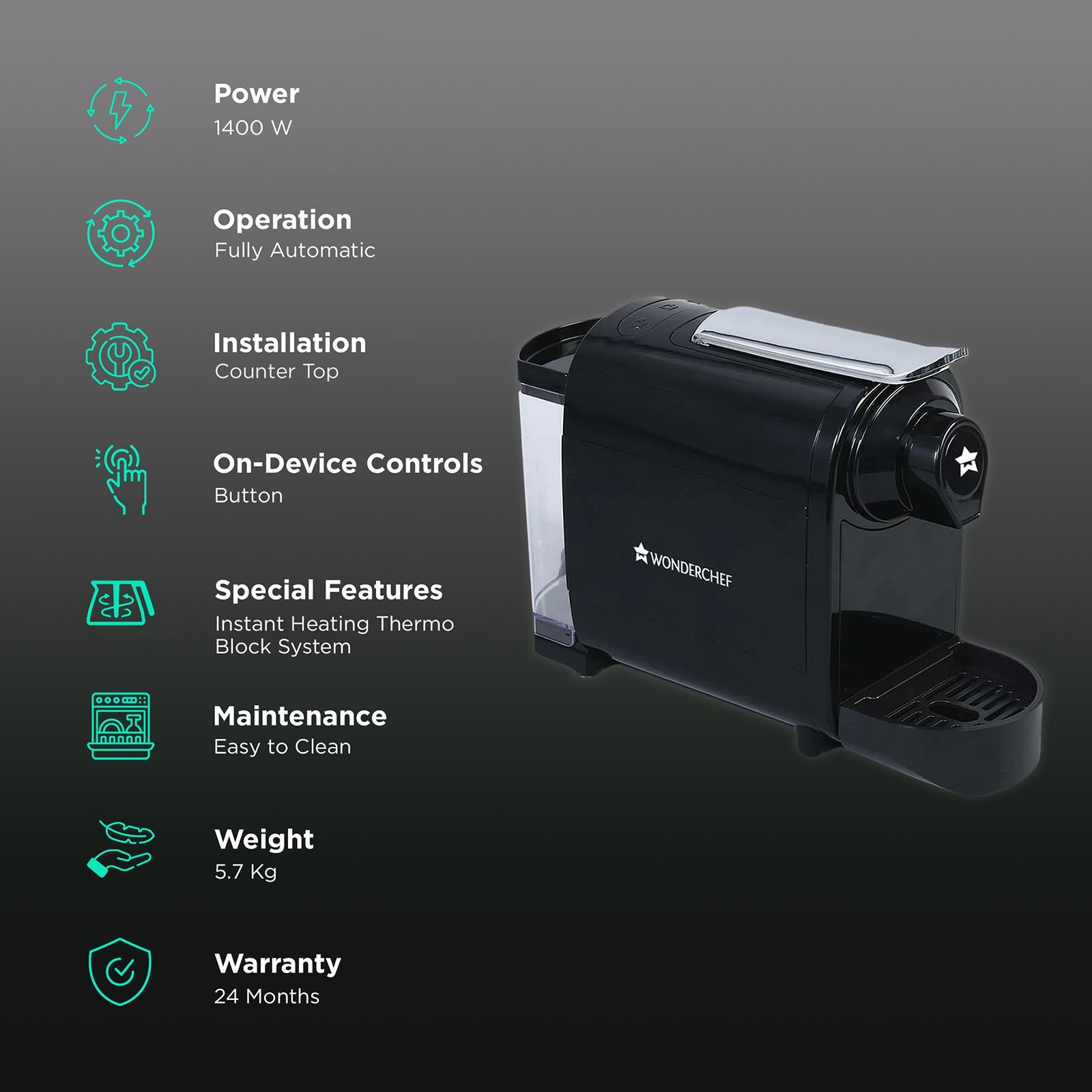 WONDERCHEF Regalia Capsule 1400 Watt Automatic Ristretto, Espresso, Lungo, Cappuccino, Latte & Americano Coffee Maker with Removable Drip Tray (Black)_3