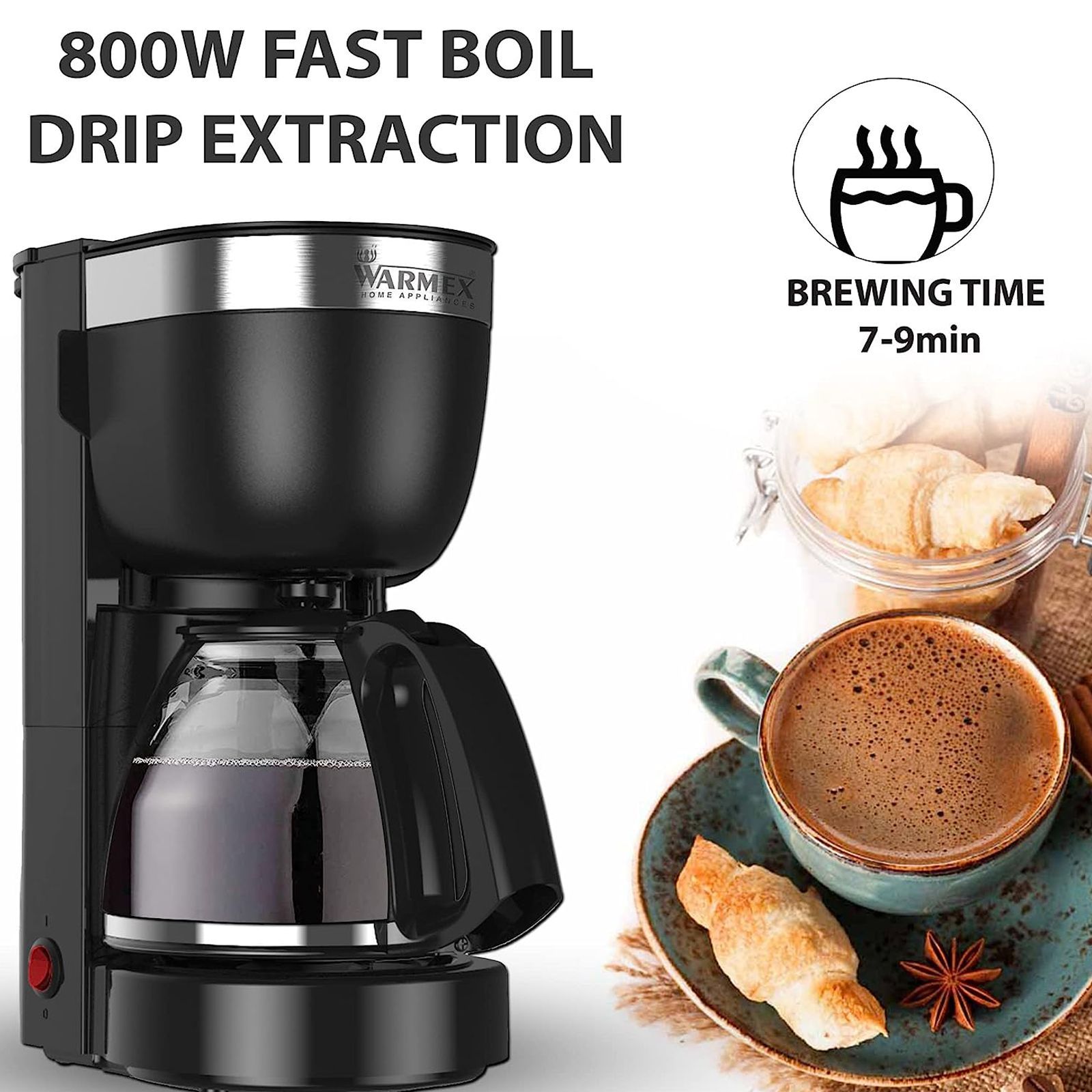 WARMEX O'clock 800 Watt 12 Cups Automatic Drip Coffee Maker with Overheat Protection (Black)_4