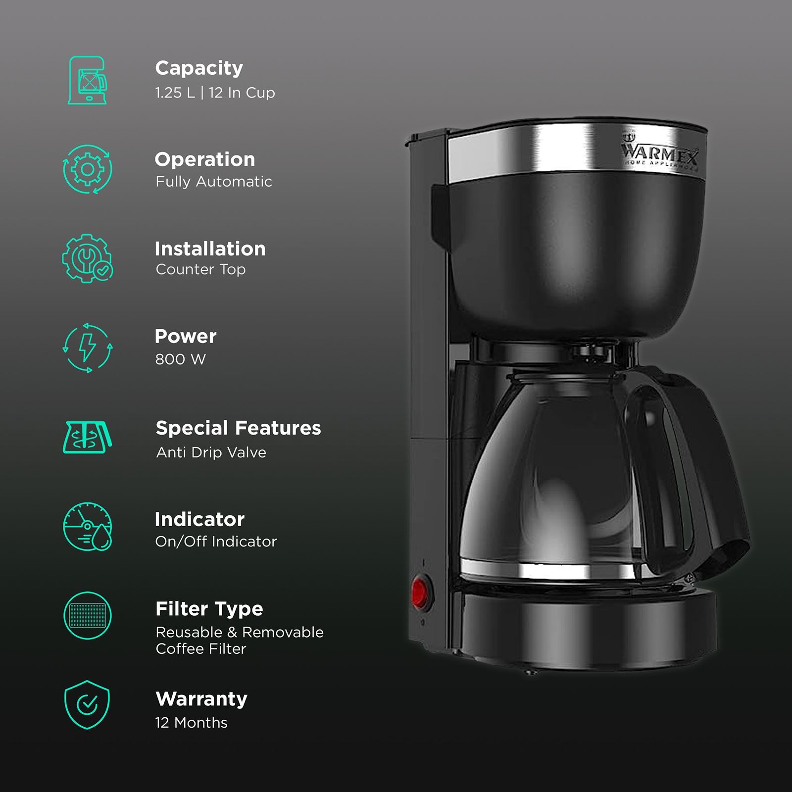 WARMEX O'clock 800 Watt 12 Cups Automatic Drip Coffee Maker with Overheat Protection (Black)_3