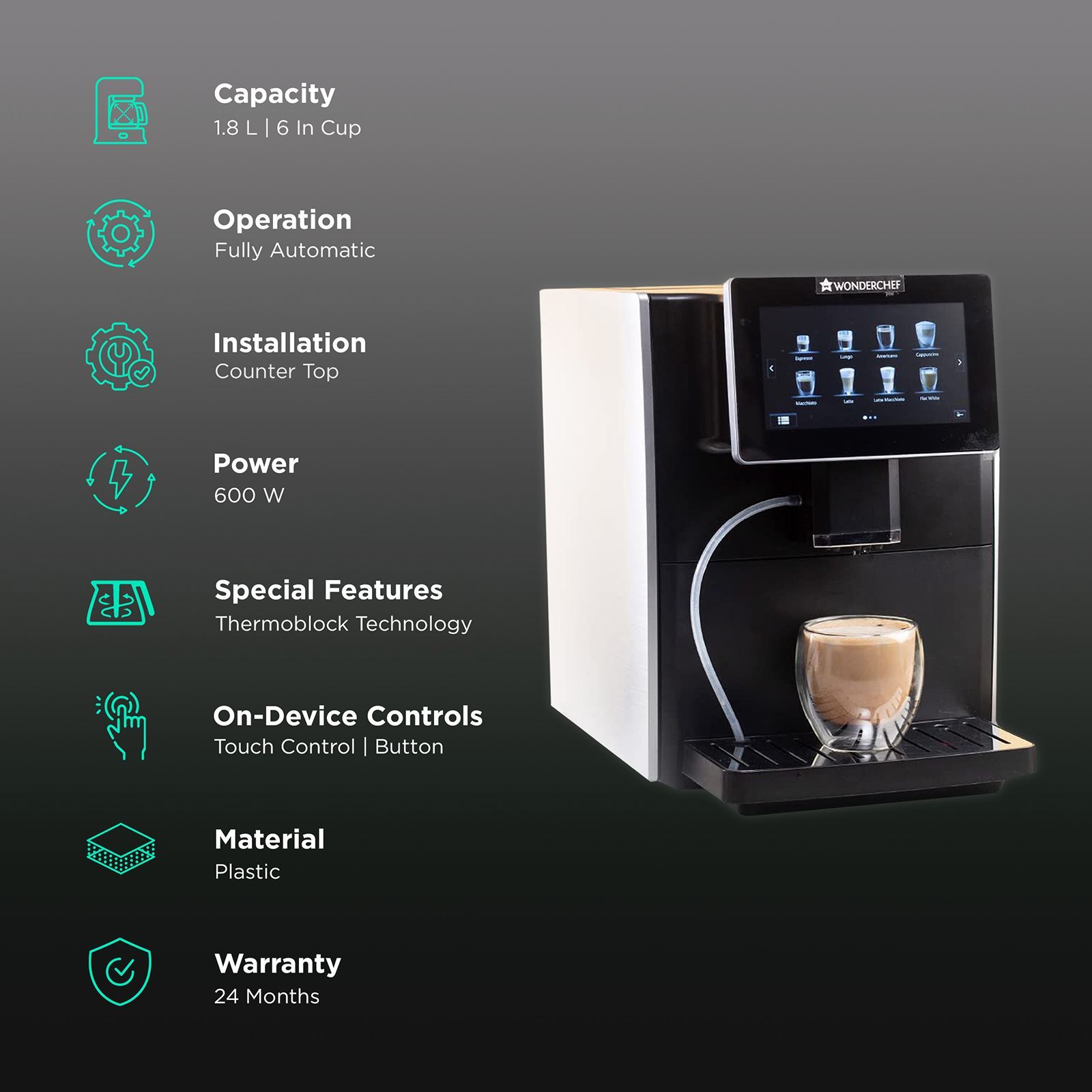 WONDERCHEF Regalia 600 Watt 6 Cups Automatic Espresso, Cappuccino, Flat White, Americano, Long Black, Lungo, Latte Macchiato & Macchiato Coffee Maker with Thermoblock Technology (Black) WONDERCHEF Regalia 600 Watt 6 Cups Automatic Espresso, Cappuccino, Flat White, Americano, Long Black, Lungo, Latte Macchiato & Macchiato Coffee Maker with Thermoblock Technology (Black)_3