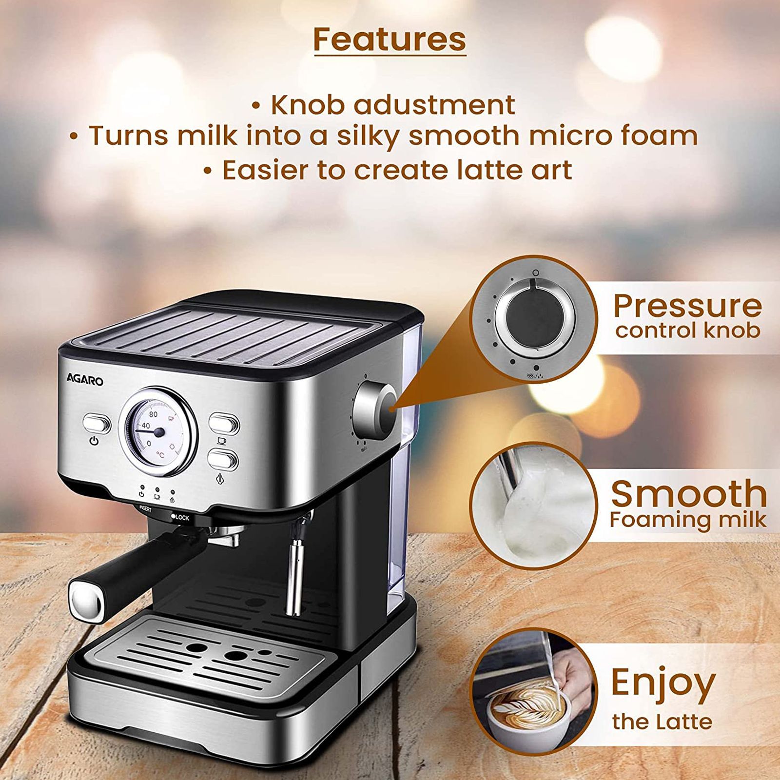 AGARO Imperial 1100 Watt 6 Cups Automatic Cappuccino & Espresso Coffee Maker with Analog Dial Thermometer (Silver) AGARO Imperial 1100 Watt 6 Cups Automatic Cappuccino & Espresso Coffee Maker with Analog Dial Thermometer (Silver)_6