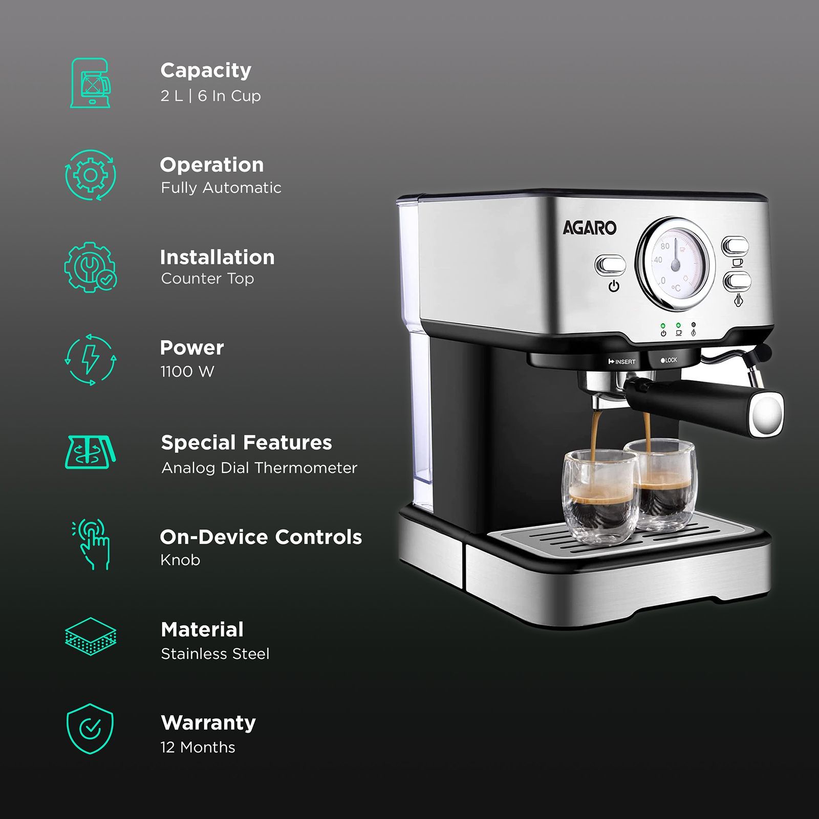 AGARO Imperial 1100 Watt 6 Cups Automatic Cappuccino & Espresso Coffee Maker with Analog Dial Thermometer (Silver) AGARO Imperial 1100 Watt 6 Cups Automatic Cappuccino & Espresso Coffee Maker with Analog Dial Thermometer (Silver)_3