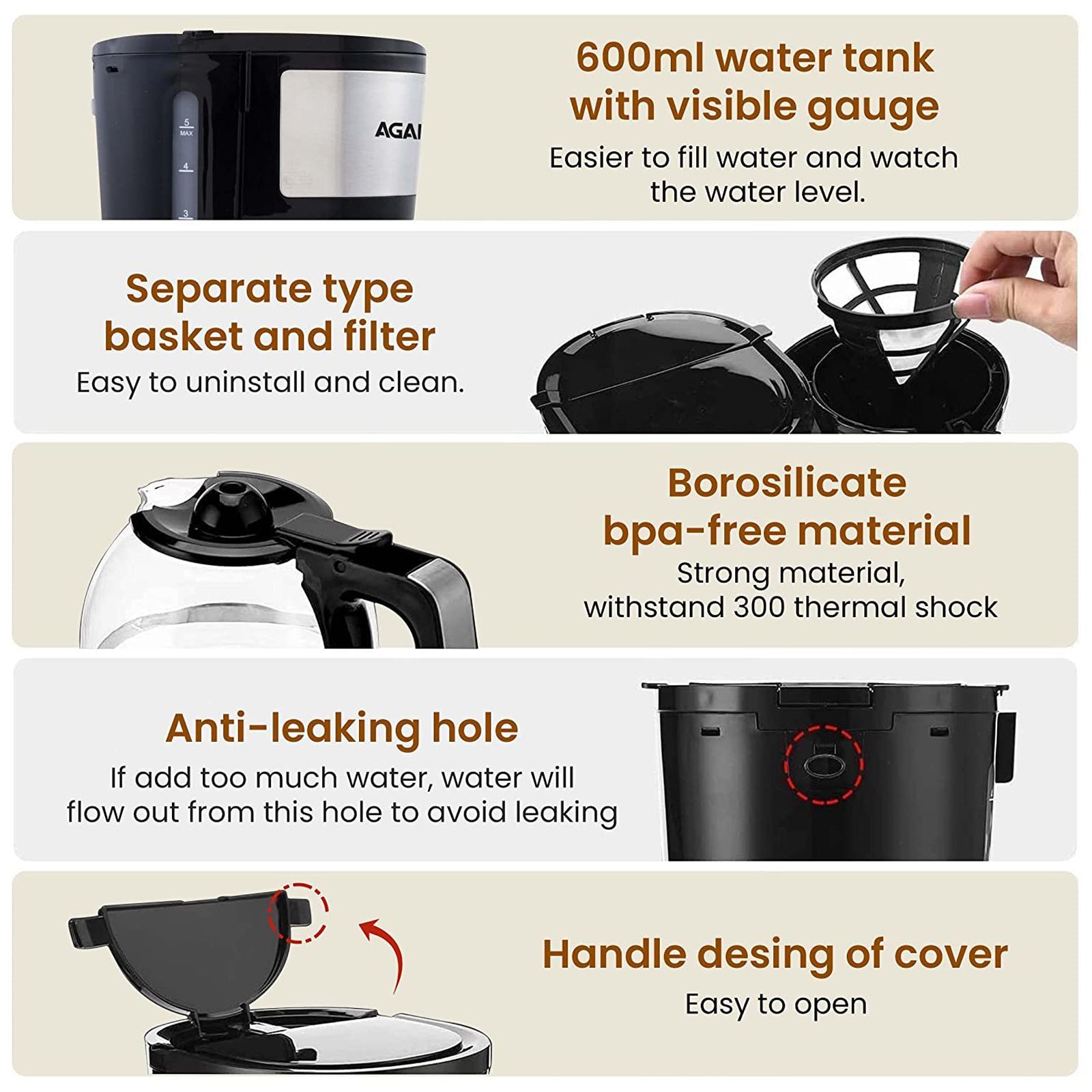 AGARO Royal 750 Watt 4 Cups Automatic Drip Coffee Maker with Auto Shut Off (Black/Silver)_5