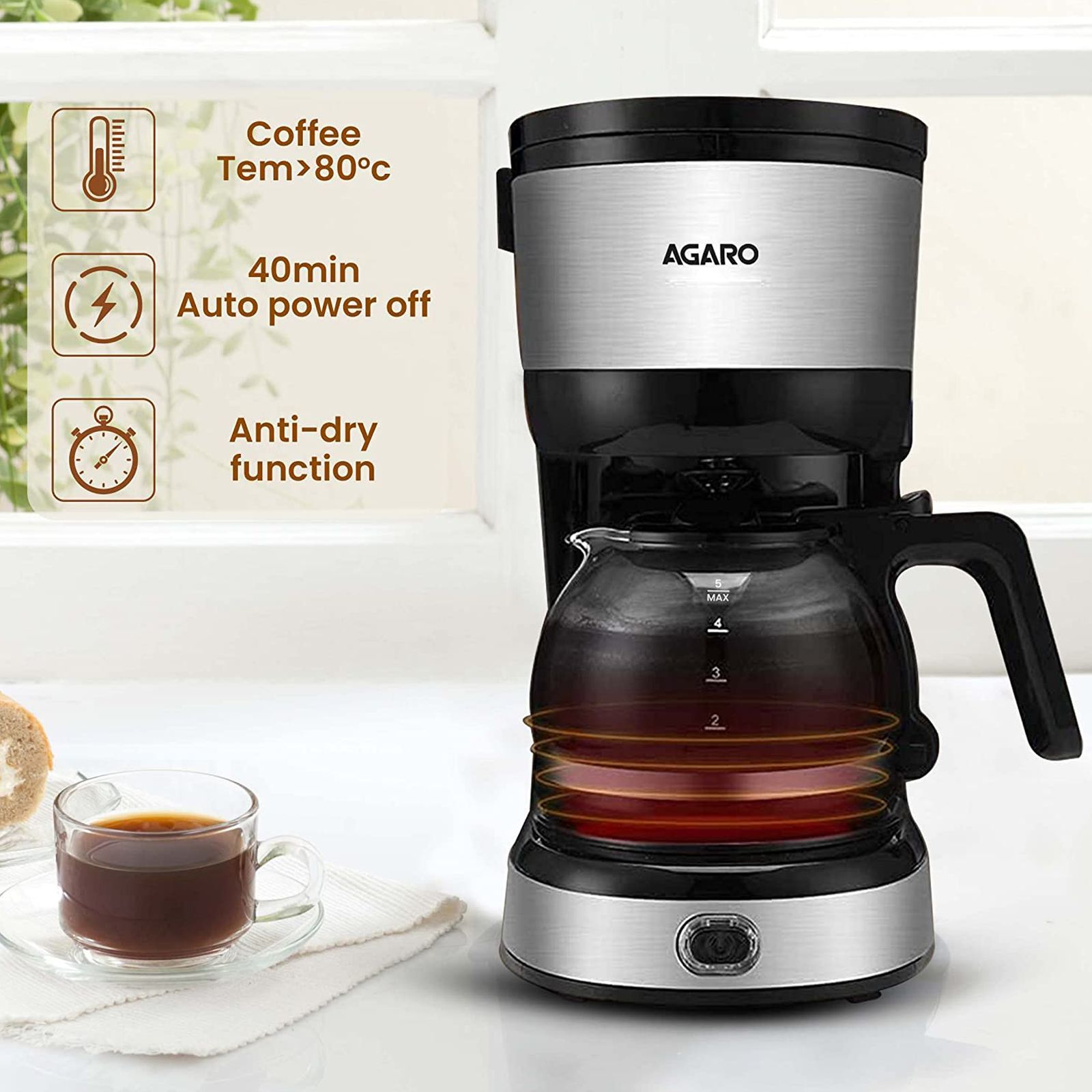 AGARO Royal 750 Watt 4 Cups Automatic Drip Coffee Maker with Auto Shut Off (Black/Silver)_8