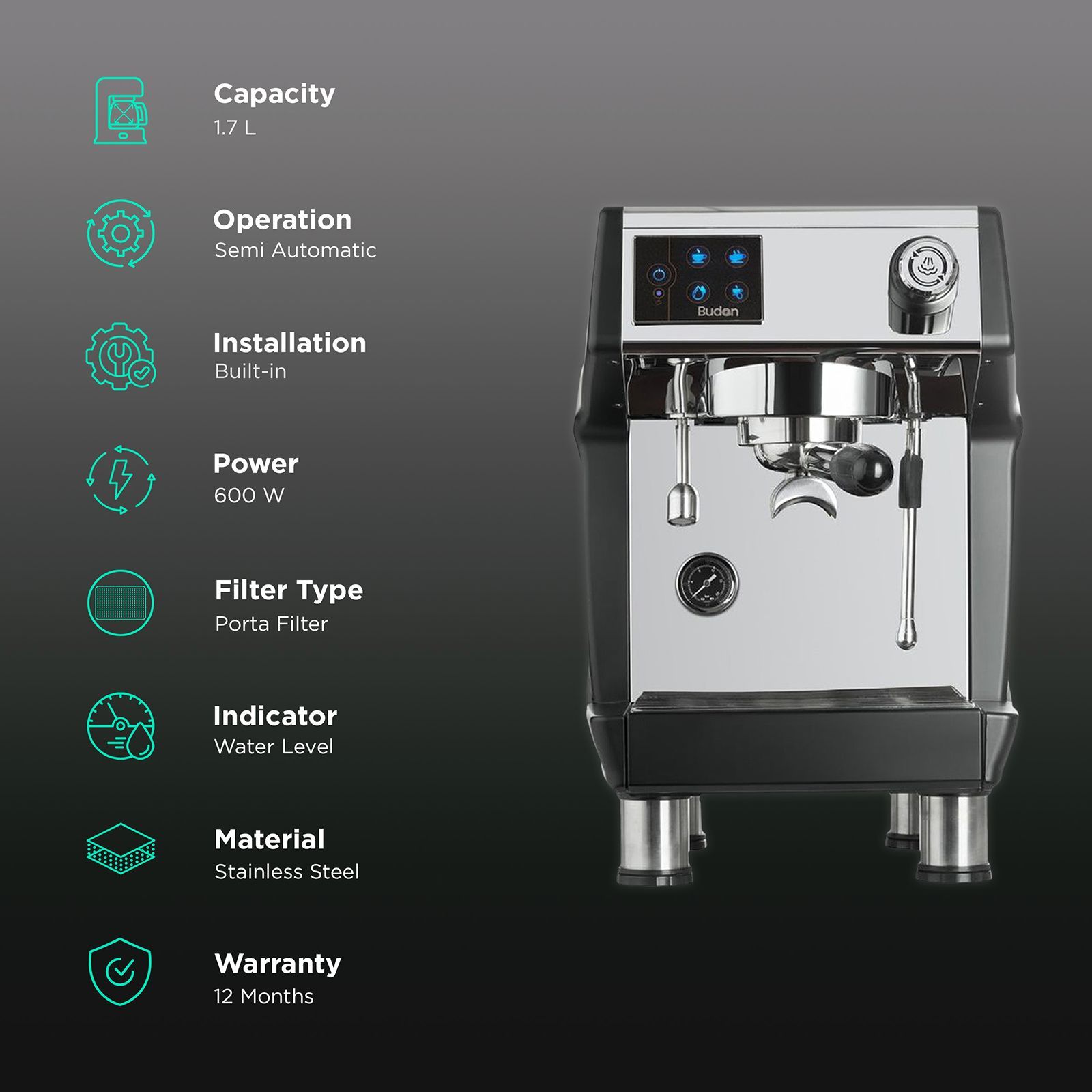 Budan 600 Watt 130 Cups Semi-Automatic Espresso Coffee Maker with Dust Resistant (Silver)_3