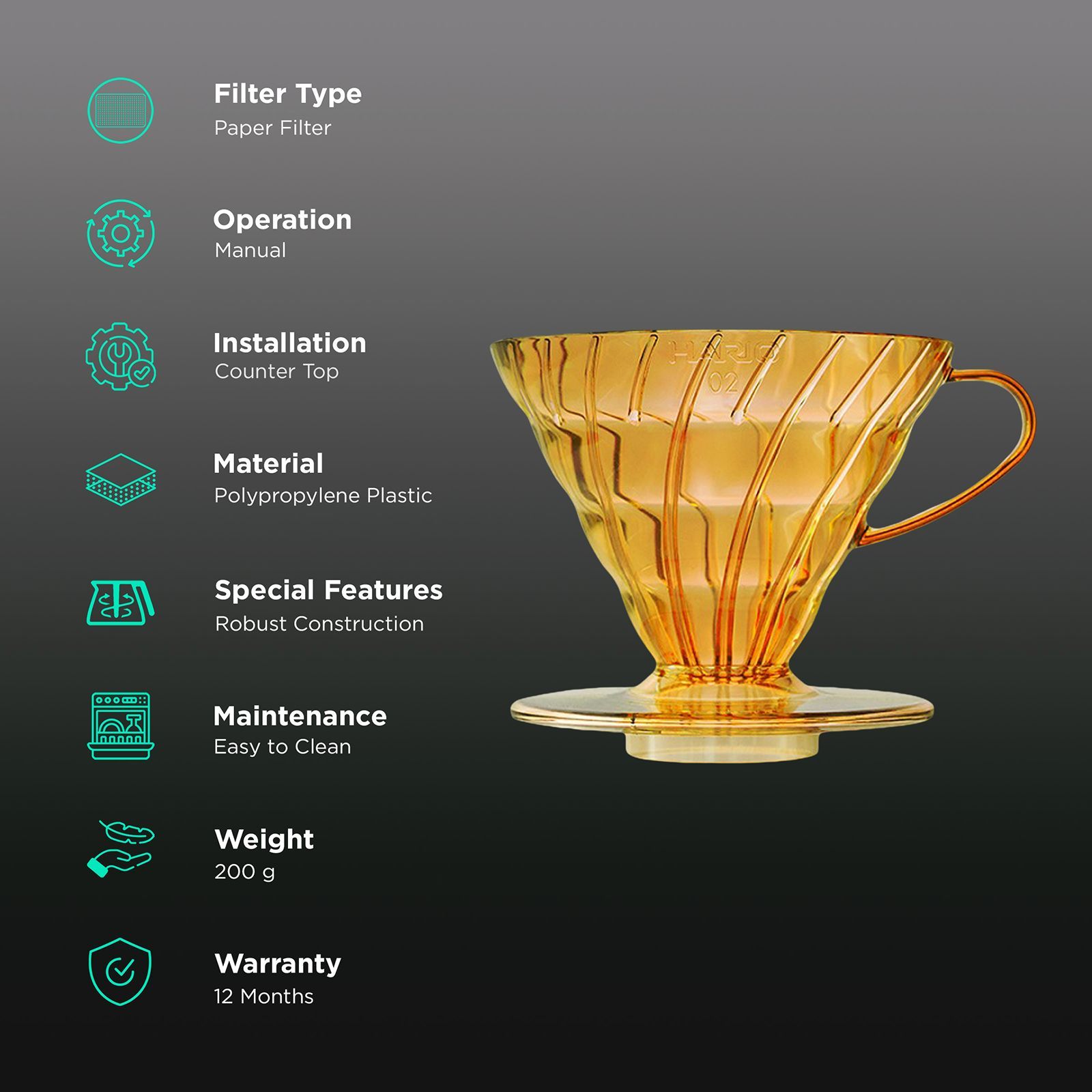 Hario Juicee V60 4 Cups Manual Drip Coffee Maker with Heat Resistant (Transparent Honey Yellow)_3