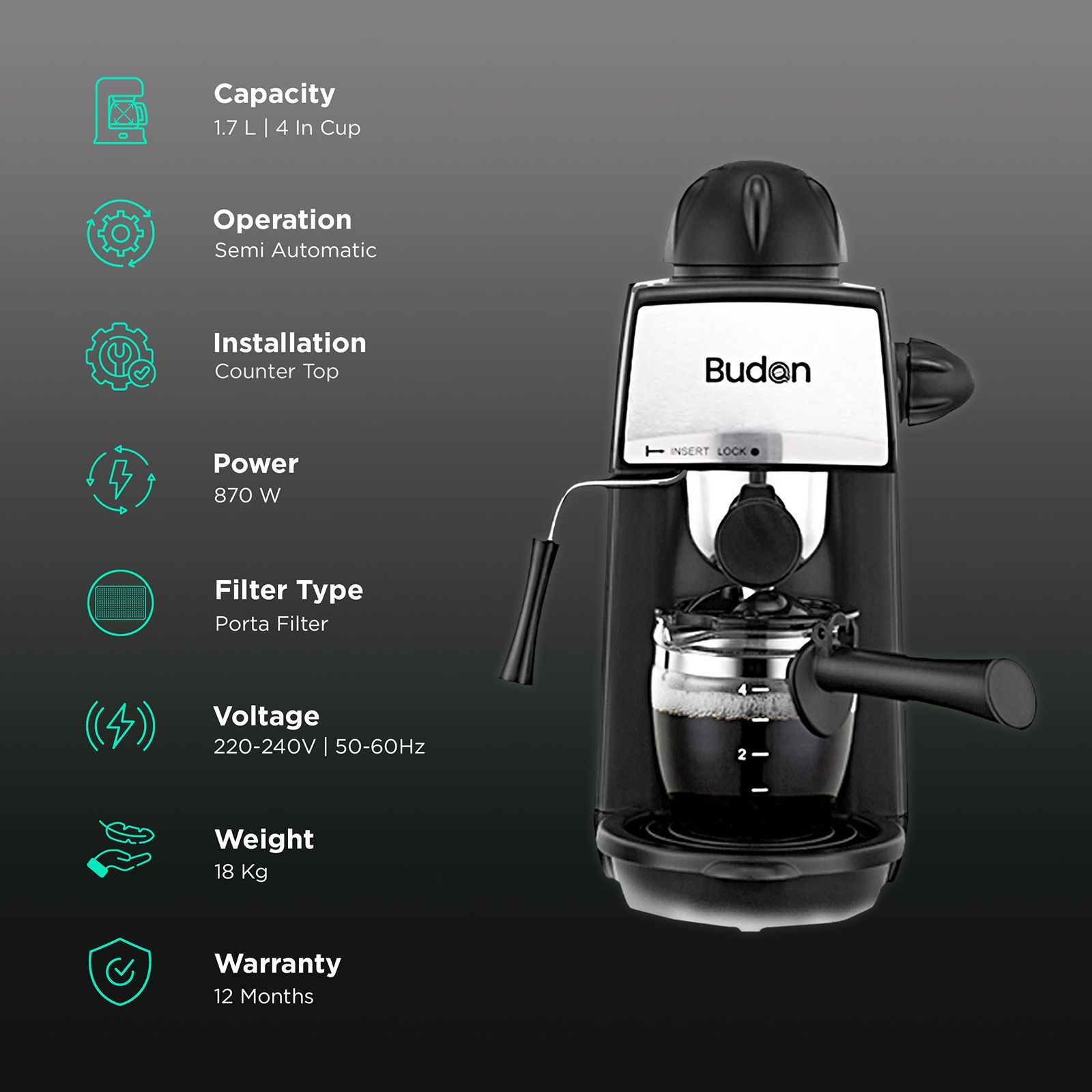 Budan 870 Watt 4 Cups Semi-Automatic Espresso Coffee Maker with Anti Slip Base (Black/Silver)_3