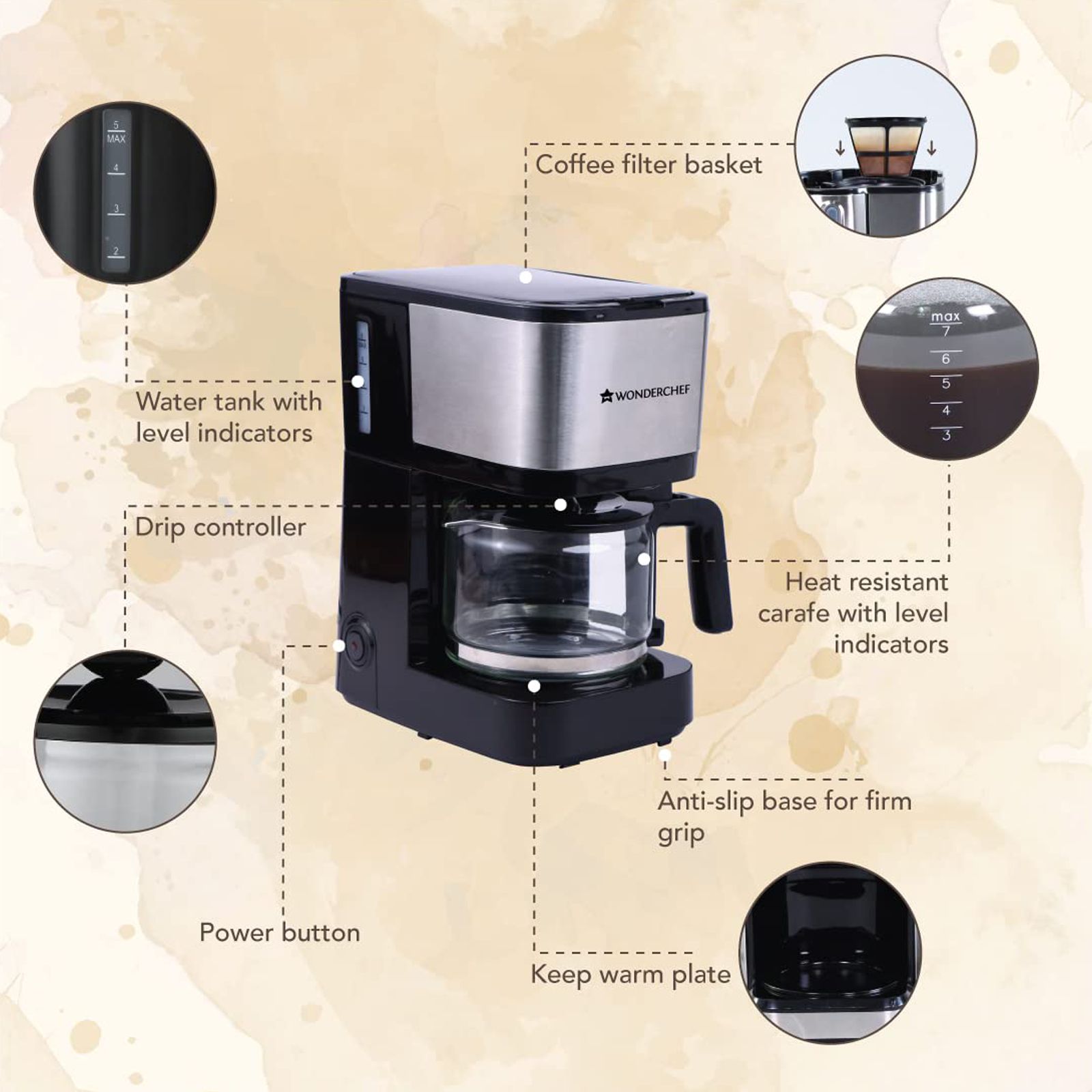 WONDERCHEF Regalia Pronto 600 Watt 6 Cups Automatic Espresso, 3-in-1 Filter Coffee & Cappuccino Coffee Maker with Drip Controller (Black and Silver) WONDERCHEF Regalia Pronto 600 Watt 6 Cups Automatic Espresso, 3-in-1 Filter Coffee & Cappuccino Coffee Maker with Drip Controller (Black and Silver)_10