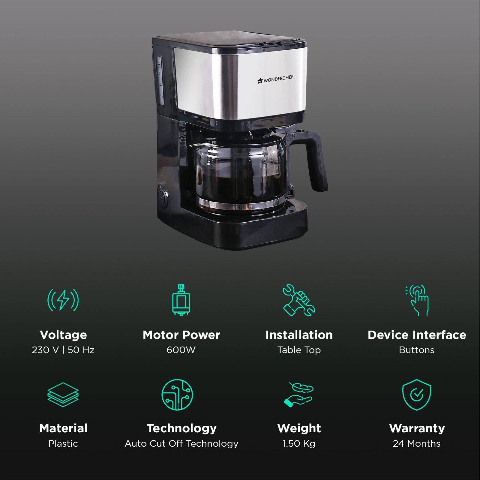 WONDERCHEF Regalia Pronto 600 Watt 6 Cups Automatic Espresso, 3-in-1 Filter Coffee & Cappuccino Coffee Maker with Drip Controller (Black and Silver) WONDERCHEF Regalia Pronto 600 Watt 6 Cups Automatic Espresso, 3-in-1 Filter Coffee & Cappuccino Coffee Maker with Drip Controller (Black and Silver)_3