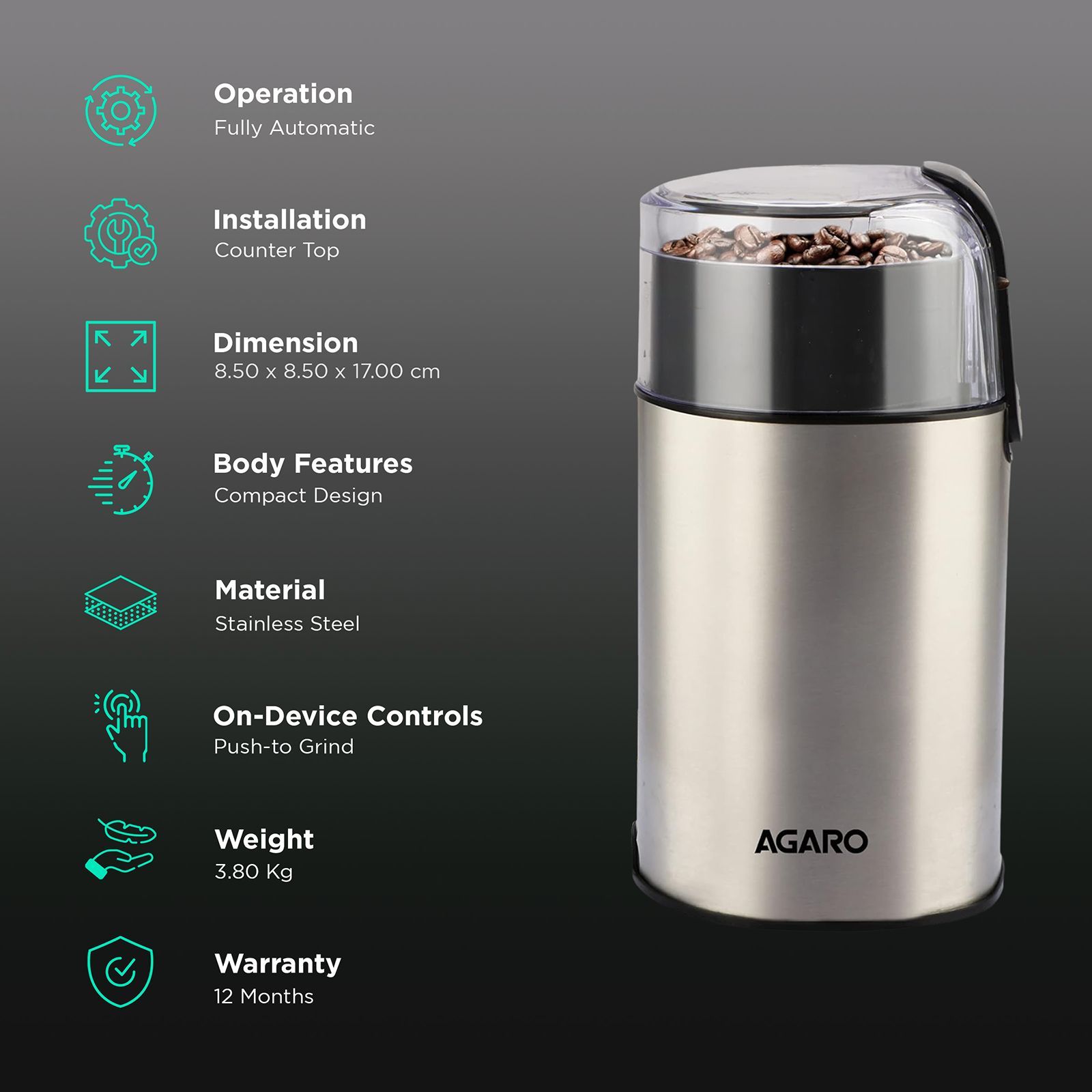 AGARO Grand Fully Automatic Coffee Grinder (Grinds Coffee Beans, 33698, Silver) AGARO Grand Fully Automatic Coffee Grinder (Grinds Coffee Beans, 33698, Silver)_3