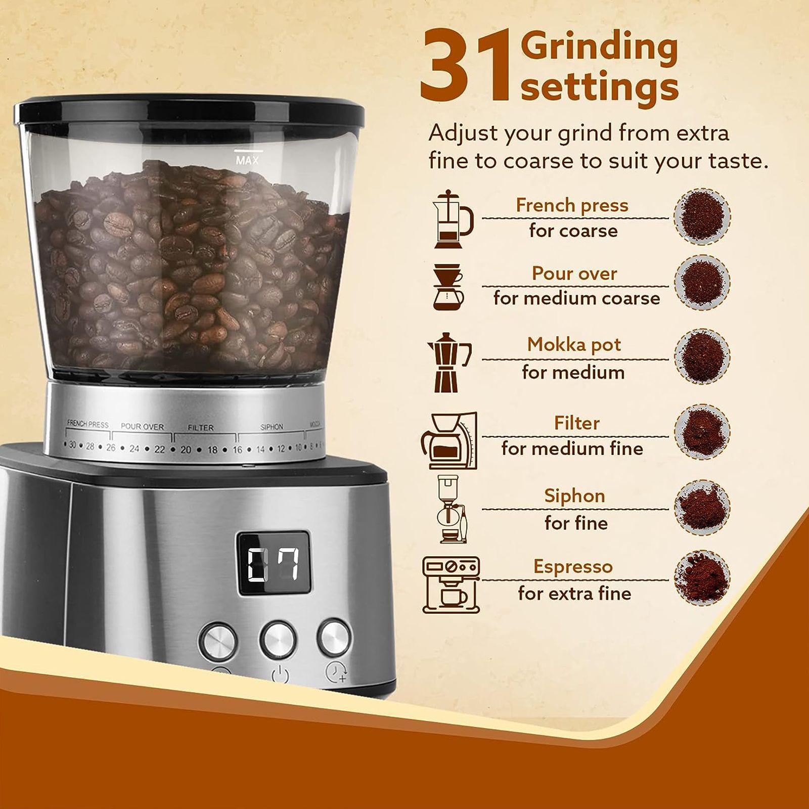 AGARO Supreme 12 Cups Automatic Coffee Grinder (Grinds Coffee Beans, Digital Timer, 33914, Silver) AGARO Supreme 12 Cups Automatic Coffee Grinder (Grinds Coffee Beans, Digital Timer, 33914, Silver)_3